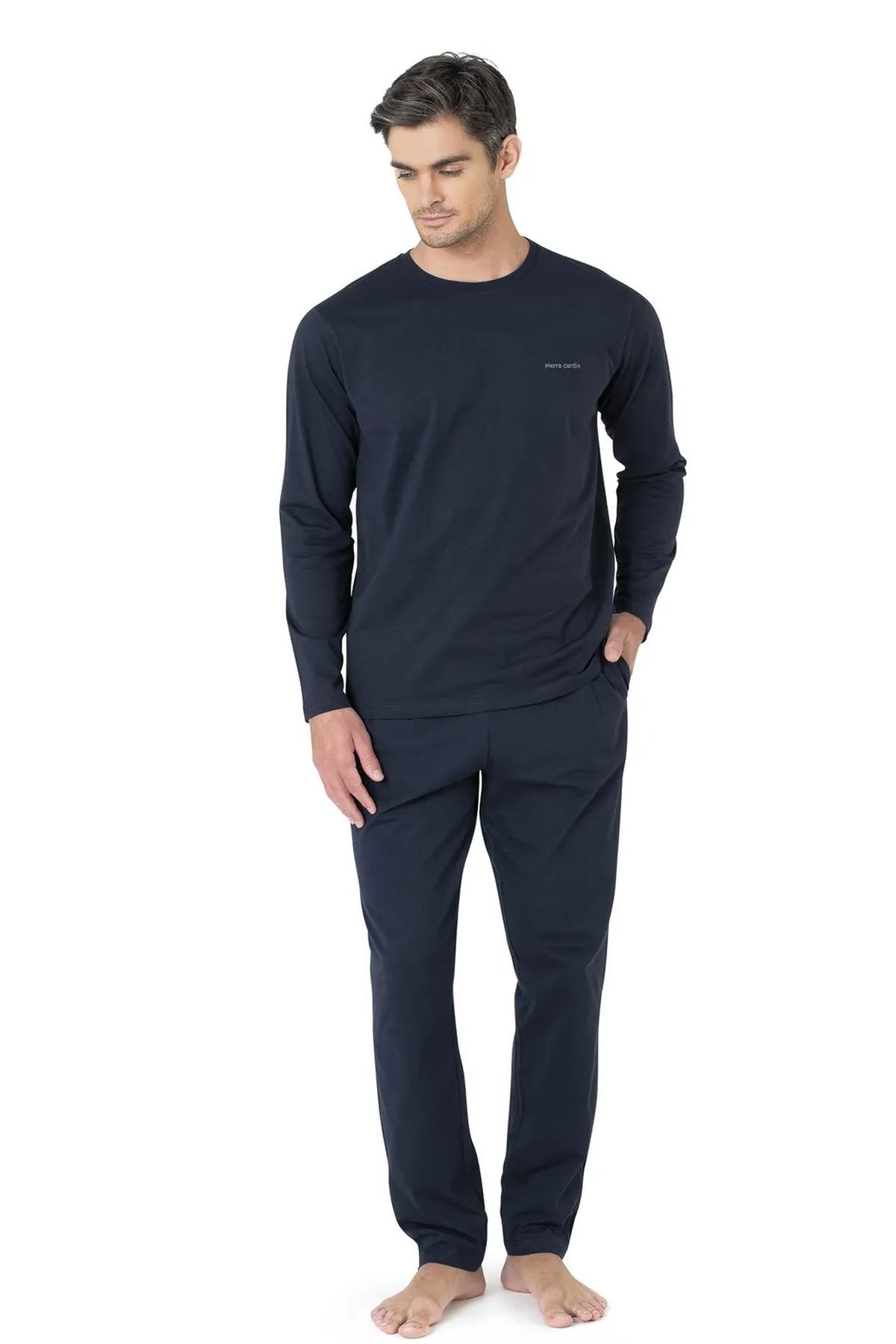 Pierre Cardin 5635 Erkek %100 Pamuk Uzun Kollu Sabahlıklı Pijama Takım-Lacivert