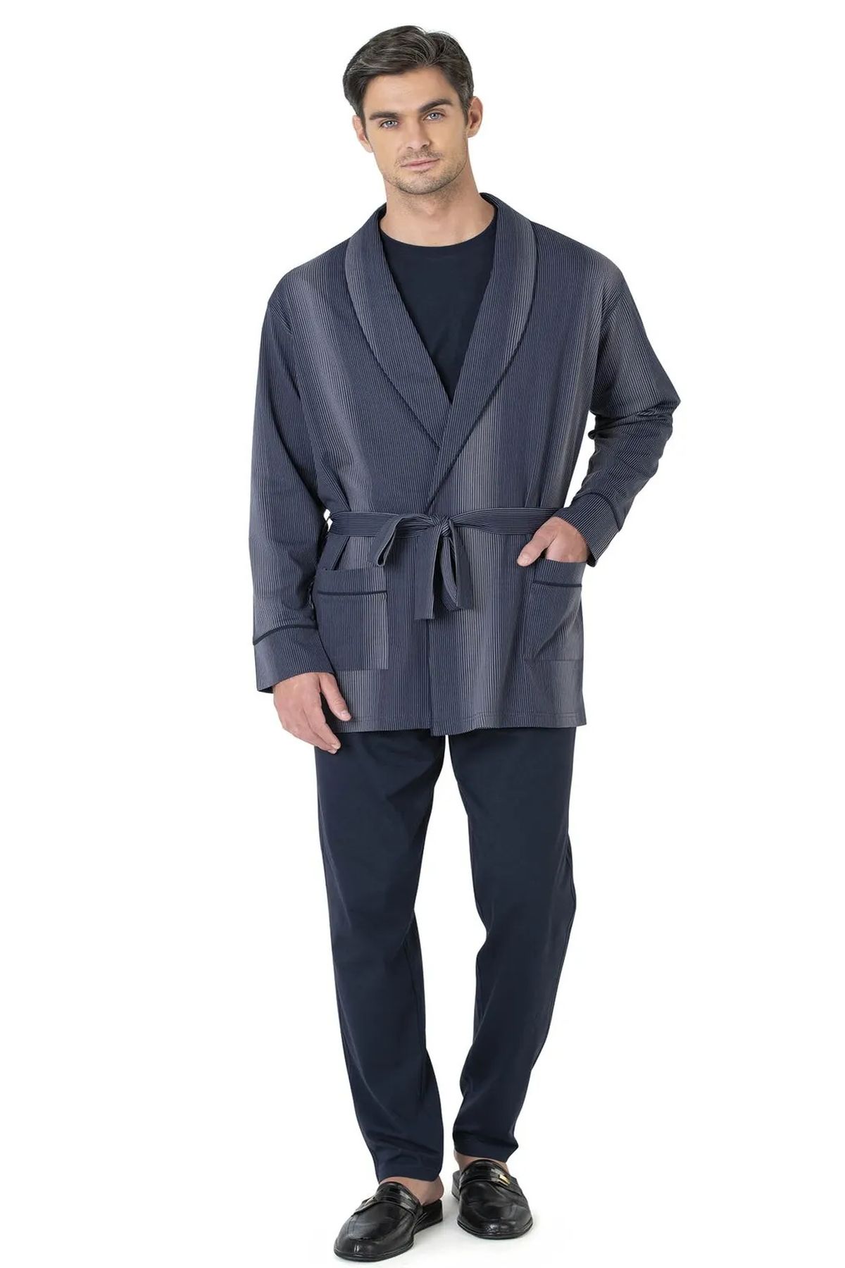 Pierre Cardin 5635 Erkek %100 Pamuk Uzun Kollu Sabahlıklı Pijama Takım-Lacivert
