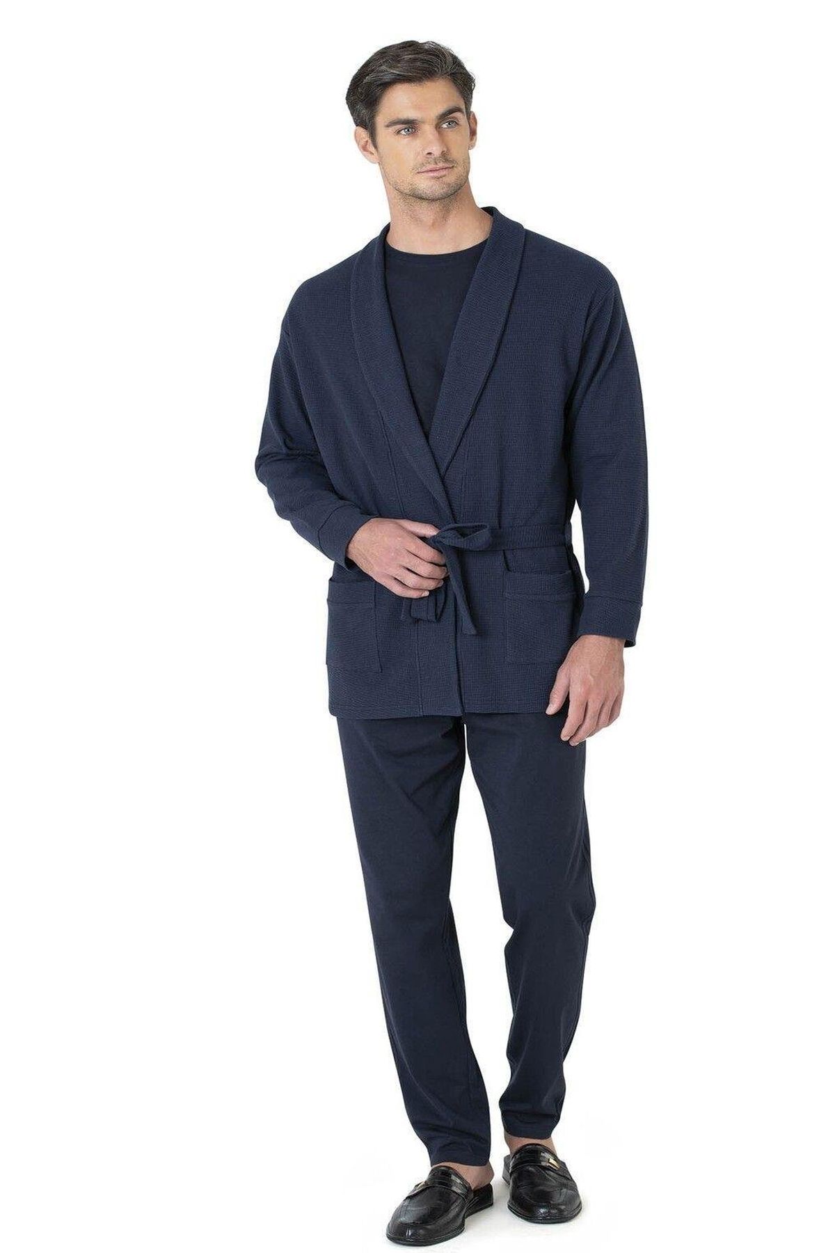 Pierre Cardin 5640 Erkek Triko Sabahlıklı 5li Pijama Takım-Lacivert