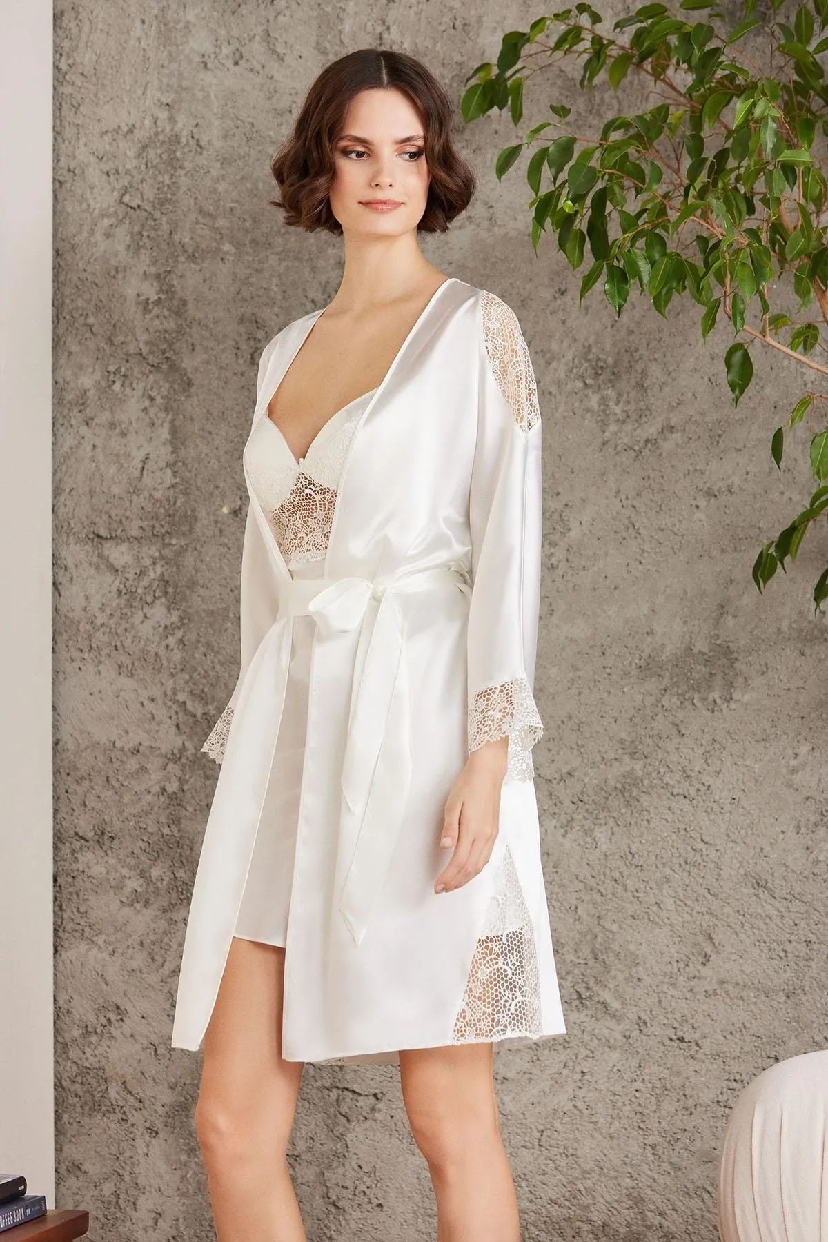 Pierre Cardin 6000 Kadın Dantelli Saten 6lı Set-Ekru