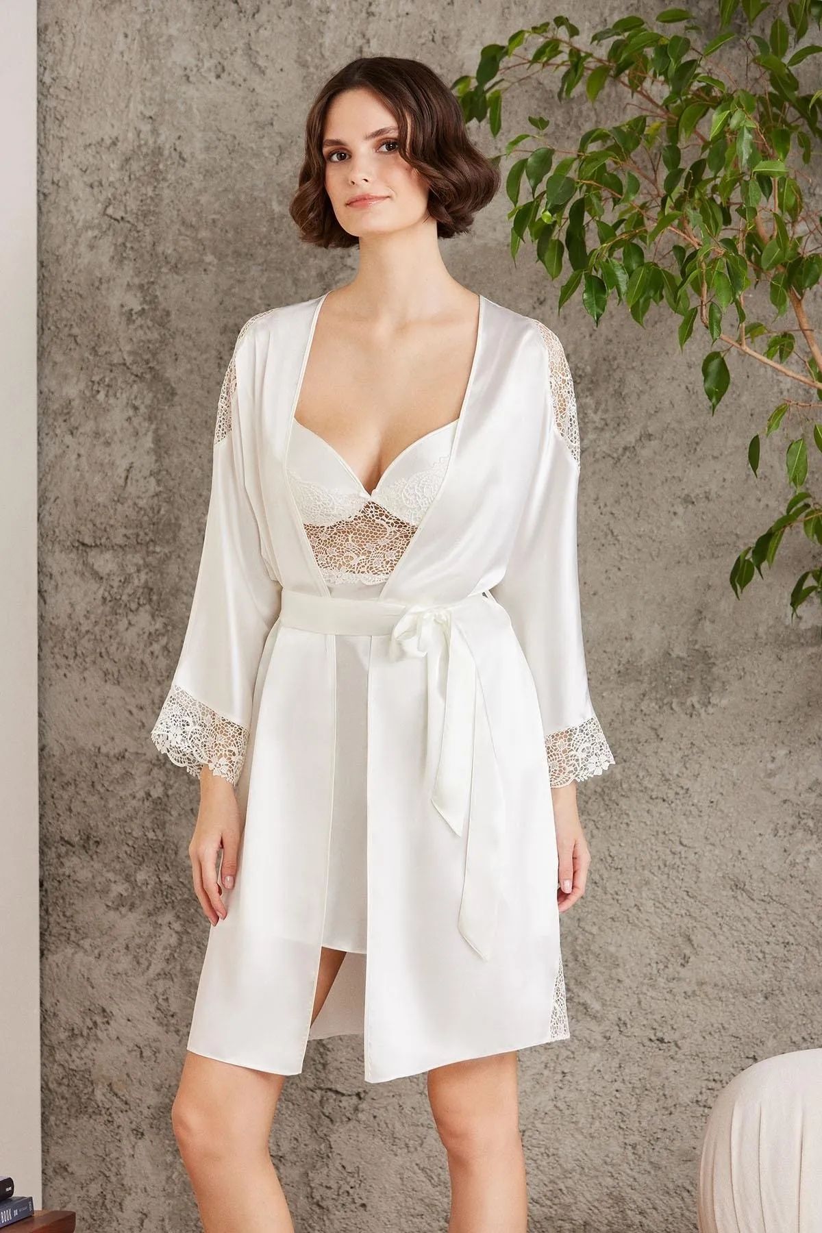 Pierre Cardin 6000 Kadın Dantelli Saten 6lı Set-Ekru