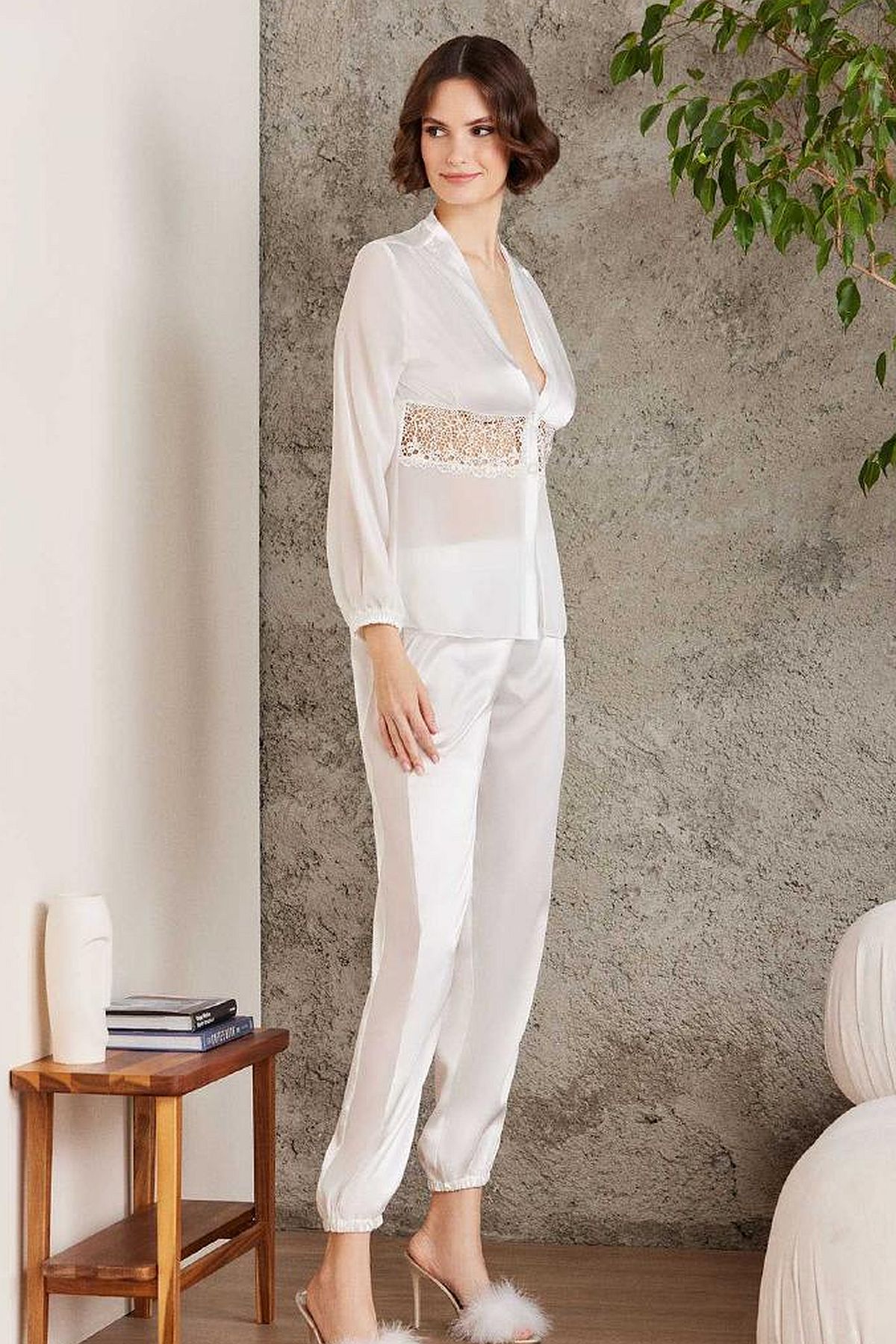 Pierre Cardin 6005 Kadın Saten Dantelli 6lı Çeyiz Seti-Ekru
