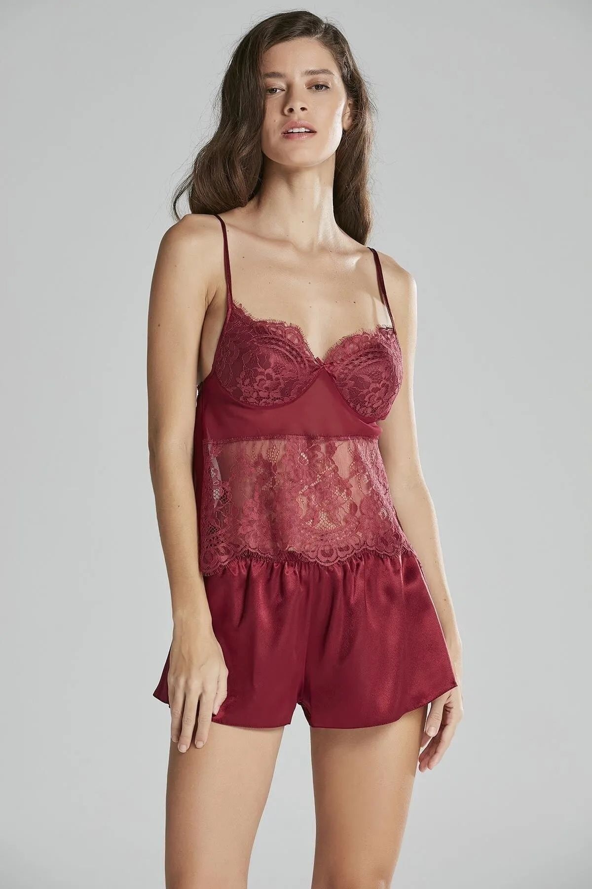 Pierre Cardin 6015 Kadın Dantelli Saten 6lı Set-Bordo