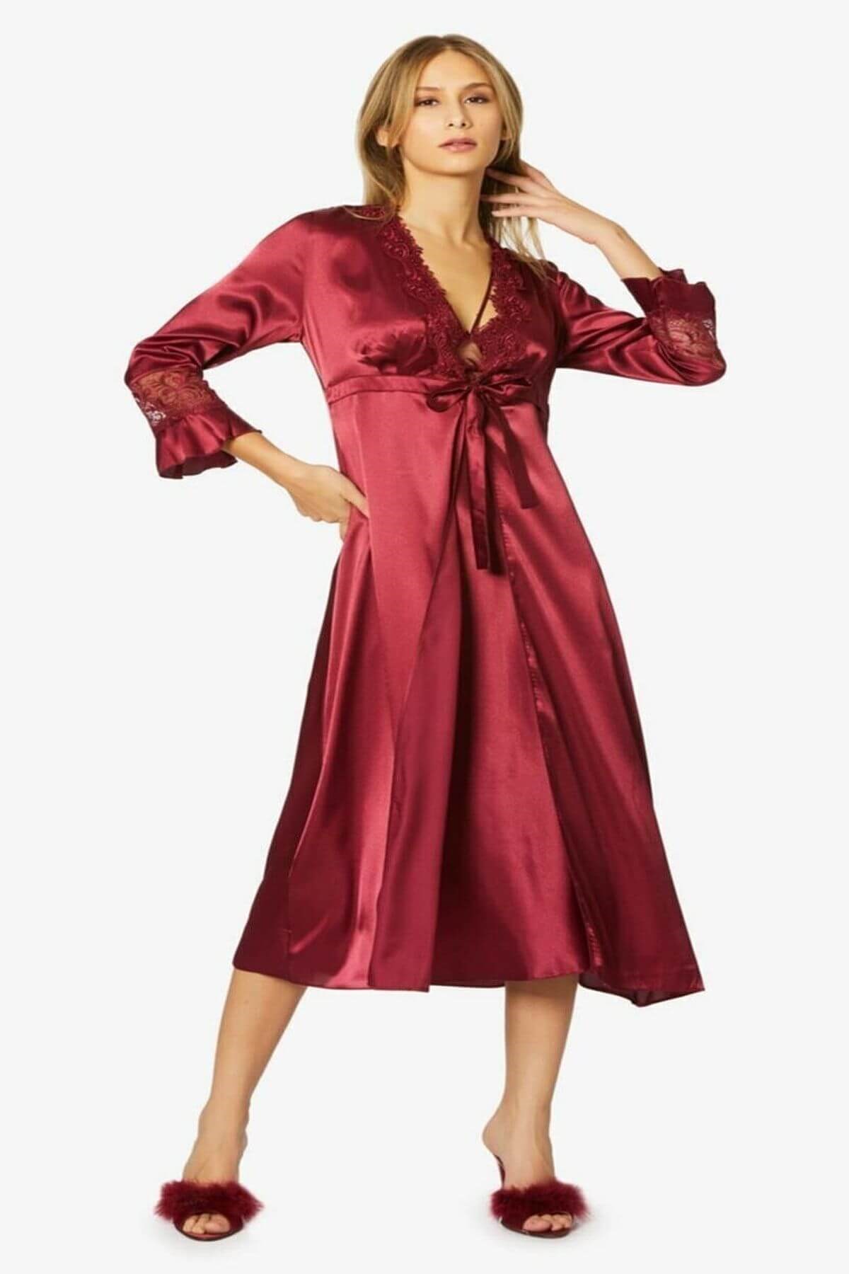 Pierre Cardin 6025 Kadın Saten Altılı Çeyiz Seti - Bordo