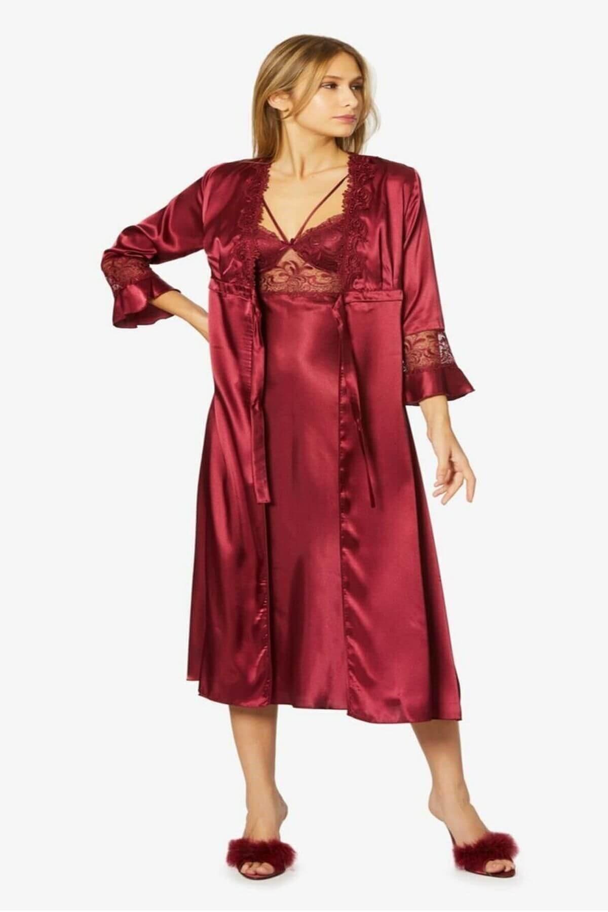 Pierre Cardin 6025 Kadın Saten Altılı Çeyiz Seti - Bordo