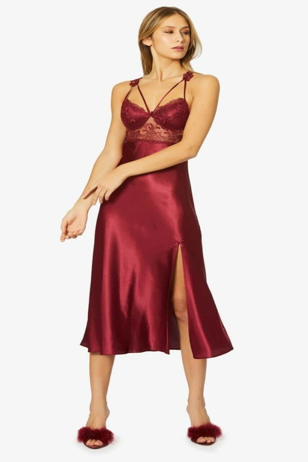 Pierre Cardin 6025 Kadın Saten Altılı Çeyiz Seti - Bordo