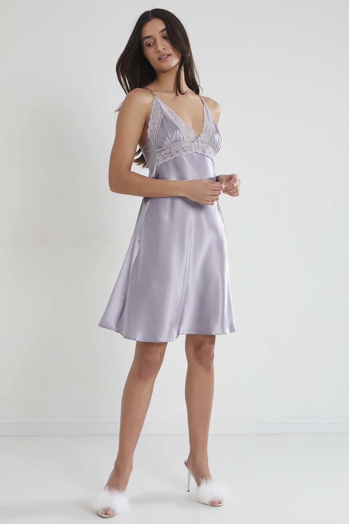Pierre Cardin 603 Kadın Saten Dantelli Gecelik - Royal
