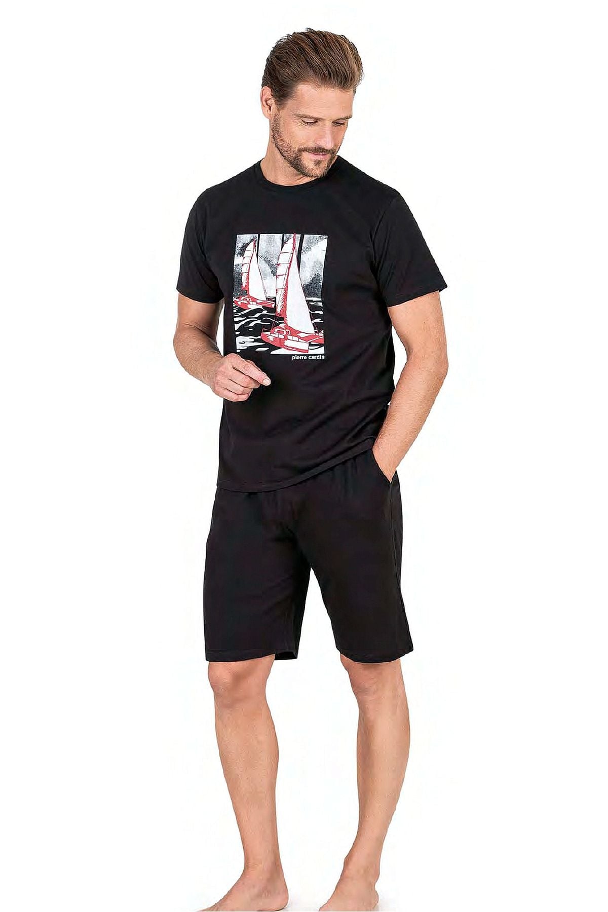 Pierre Cardin 6039 Erkek Kısa Kollu Şortlu Pijama Takım-Siyah