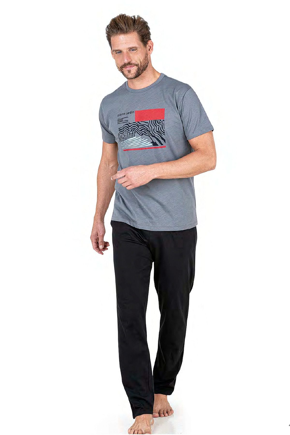 Pierre Cardin 6044 Erkek Kısa Kollu Penye Pijama Takımı-Gri