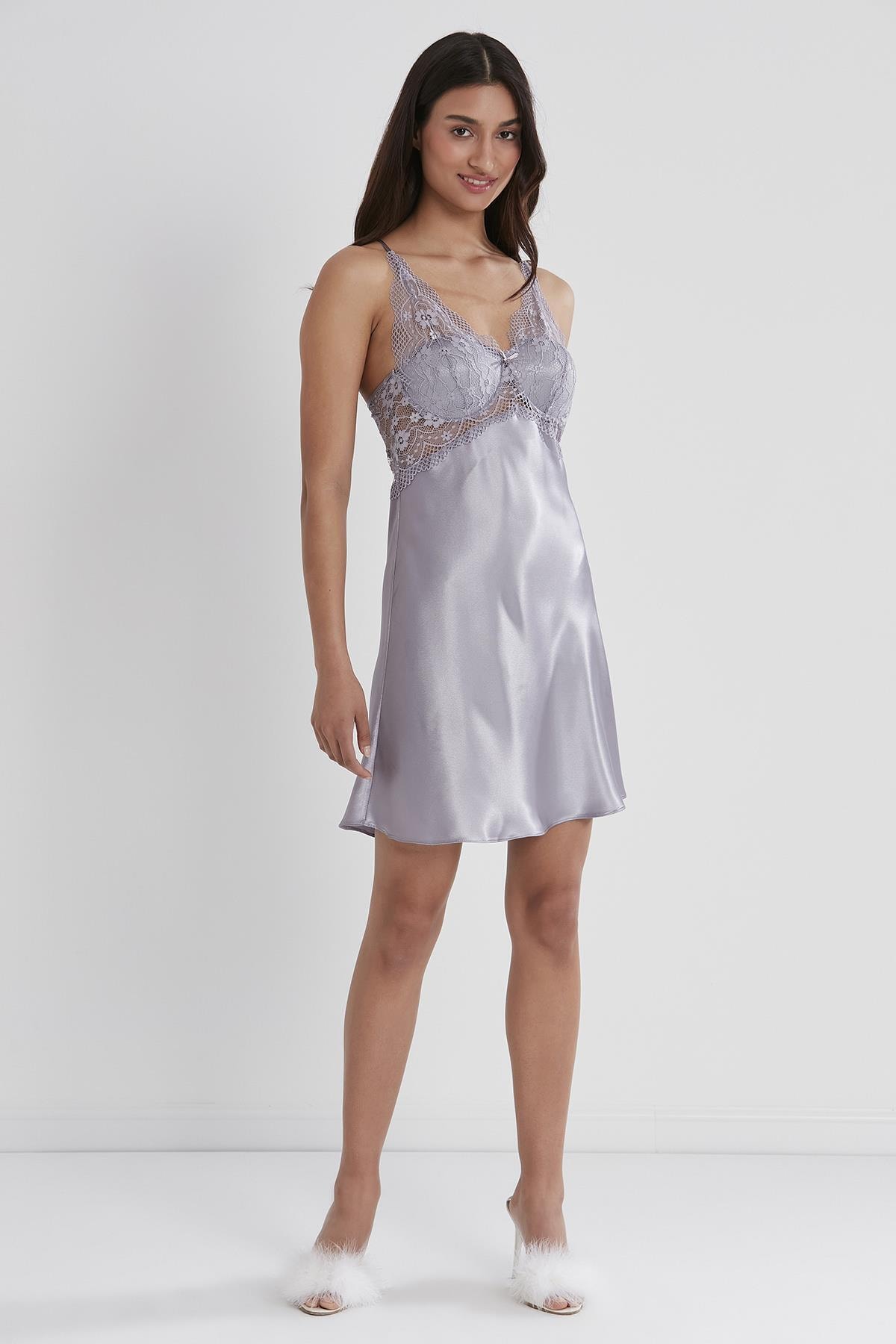 Pierre Cardin 605 Kadın Saten Dantelli Gecelik - Royal