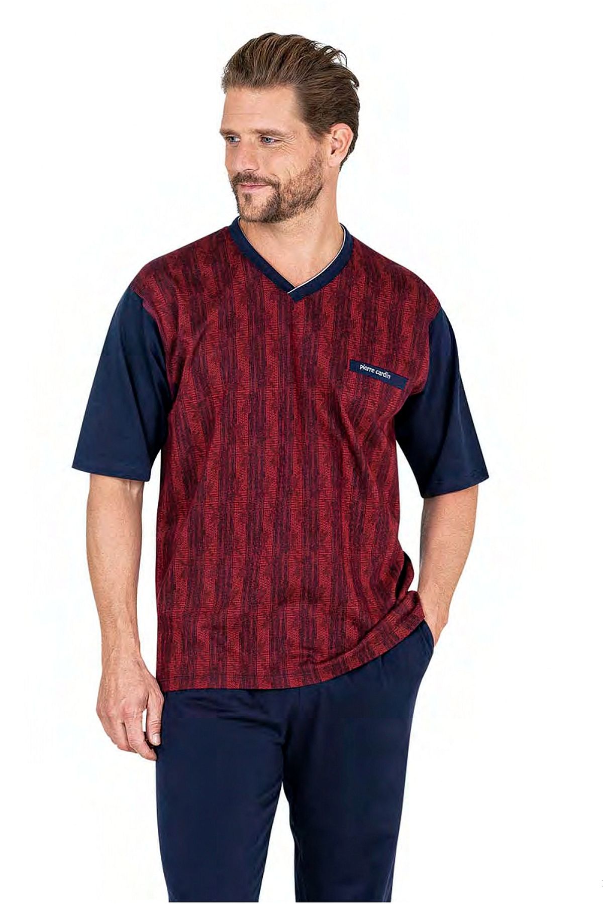 Pierre Cardin 6052 Erkek Kısa Kollu Jakarlı 3lü Pijama Takımı-Bordo