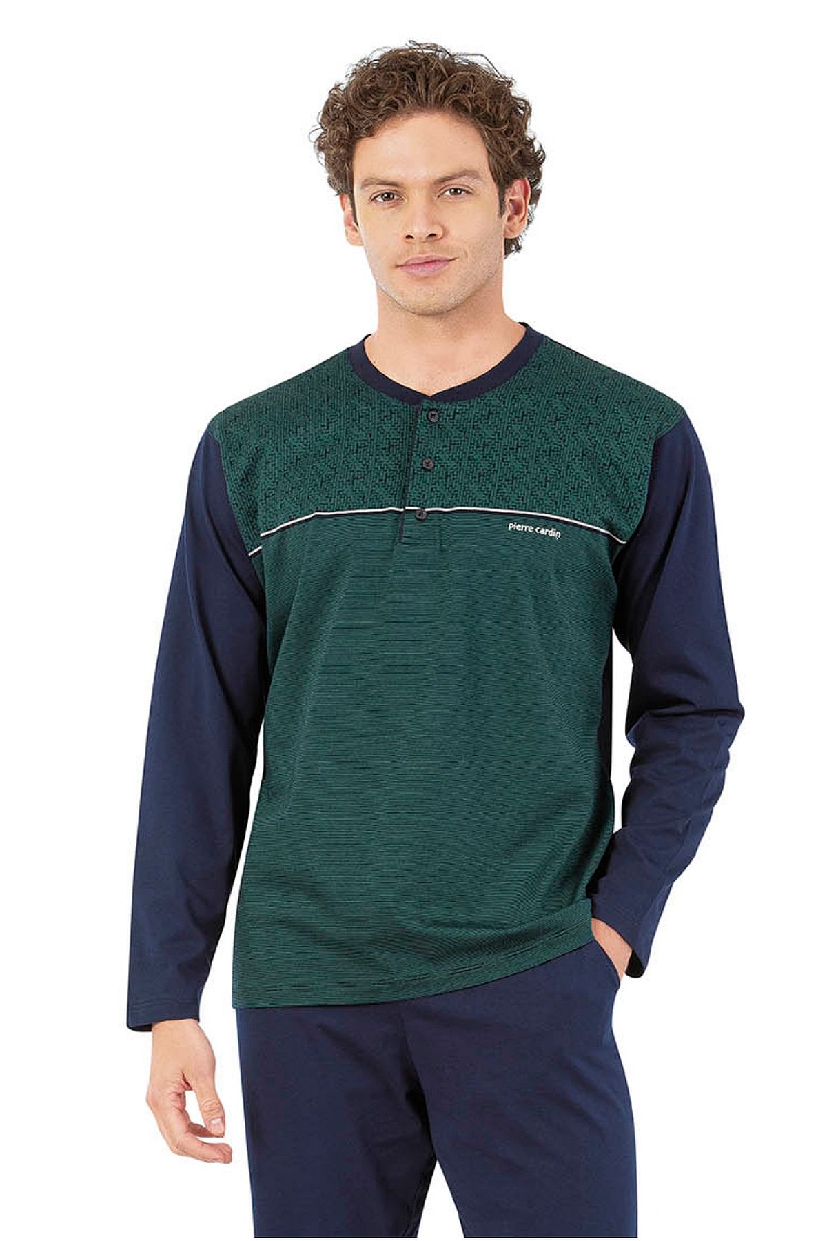 Pierre Cardin 6056 Erkek Uzun Kollu Önden Üç Düğmeli Pijama Takım-Yeşil