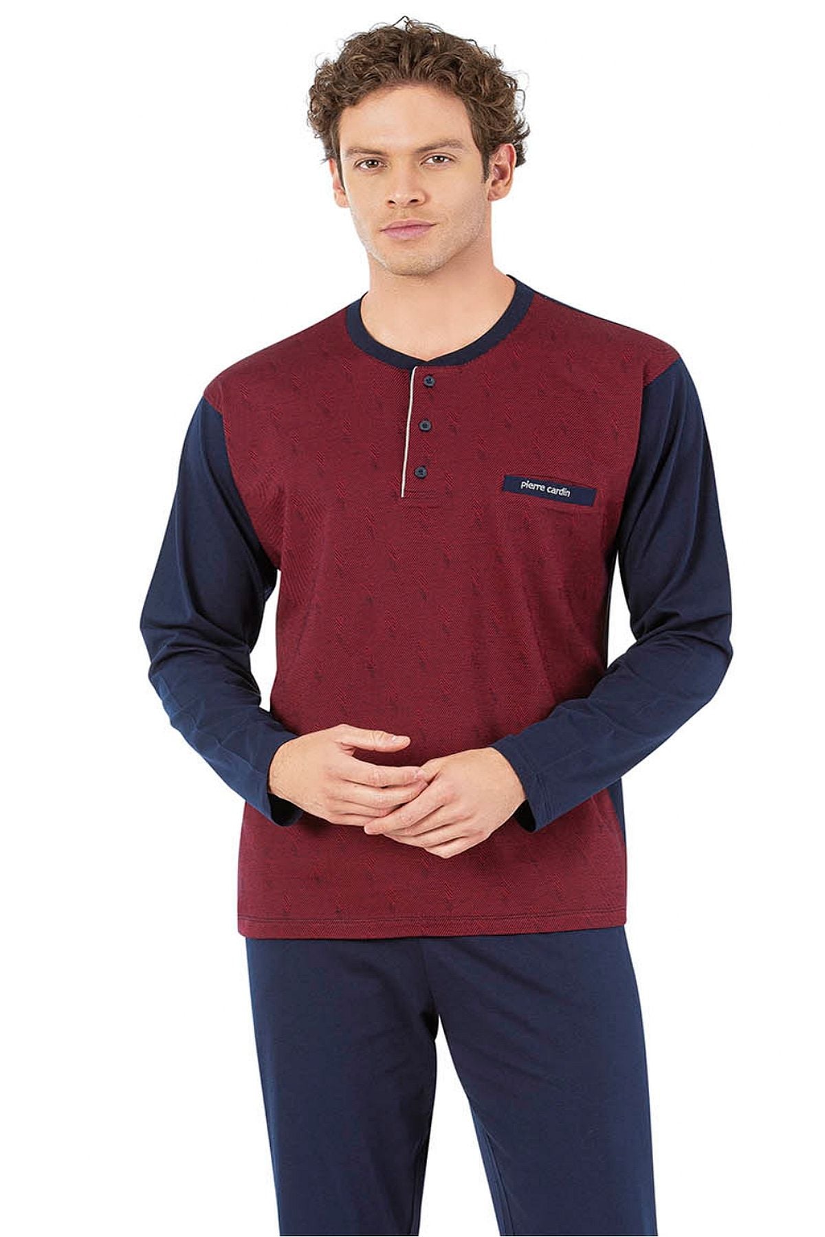 Pierre Cardin 6057 Erkek Uzun Kollu Önden Üç Düğmeli Pijama Takım-Bordo