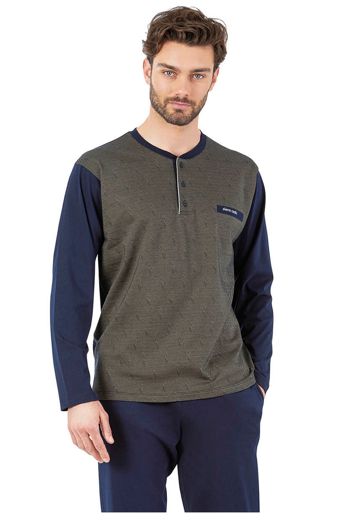 Pierre Cardin 6057 Erkek Uzun Kollu Önden Üç Düğmeli Pijama Takım-Haki