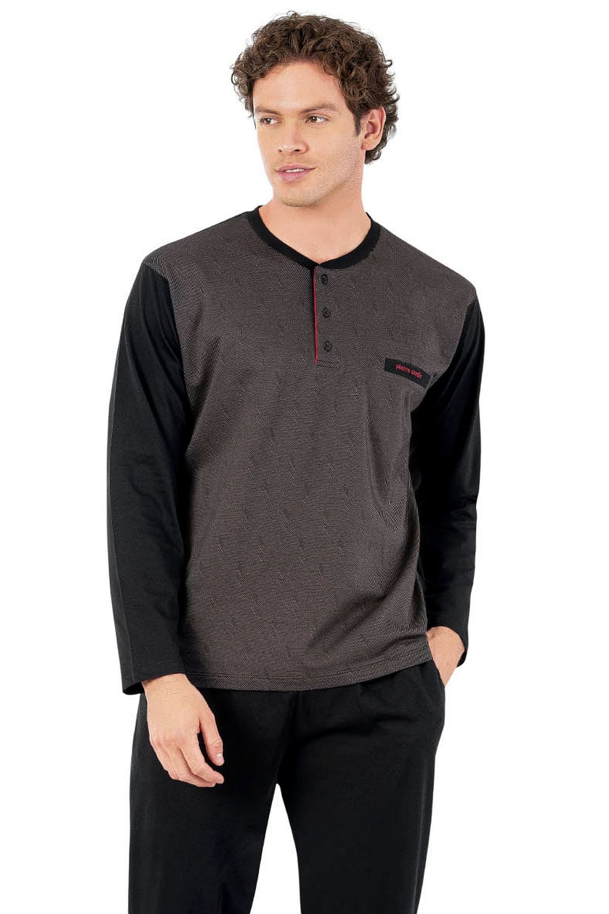 Pierre Cardin 6057 Erkek Uzun Kollu Önden Üç Düğmeli Pijama Takım-Siyah