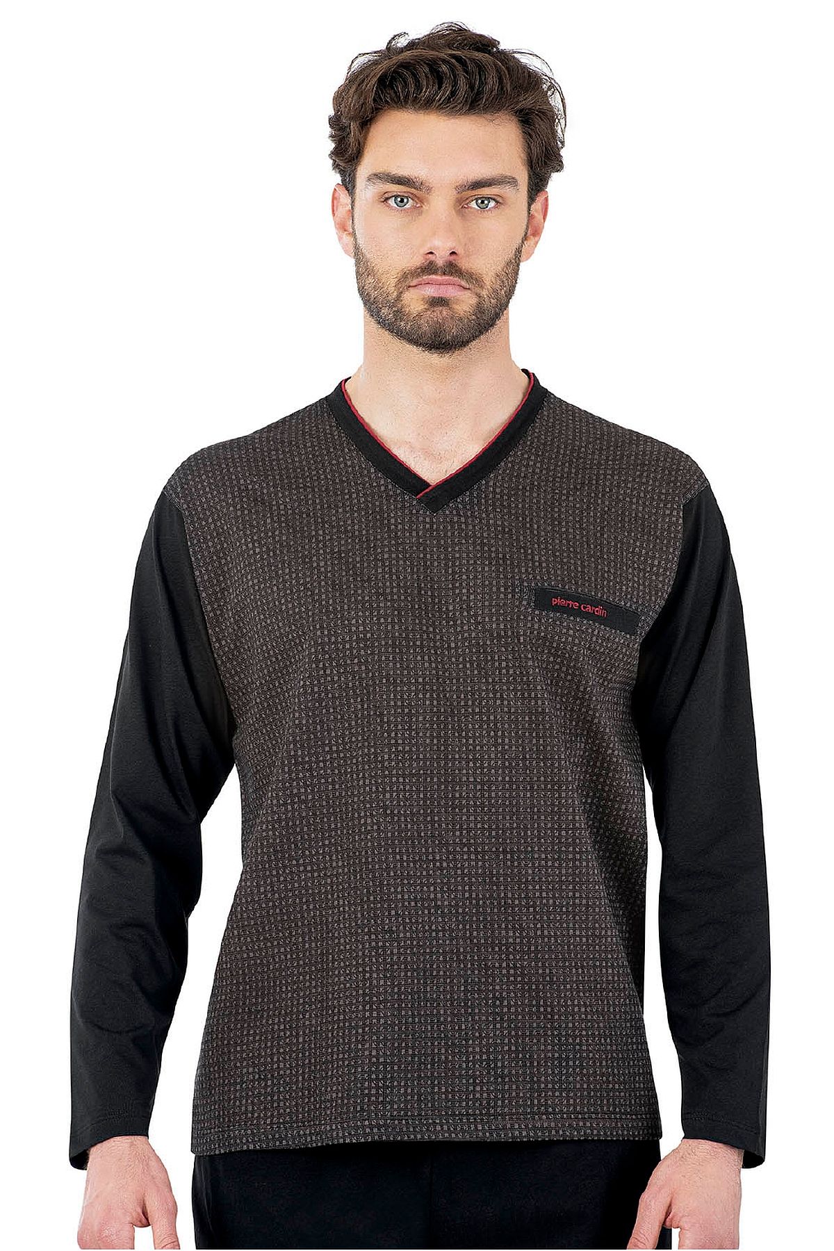 Pierre Cardin 6058 Erkek Uzun Kollu V Yakalı Pijama Takımı-Siyah