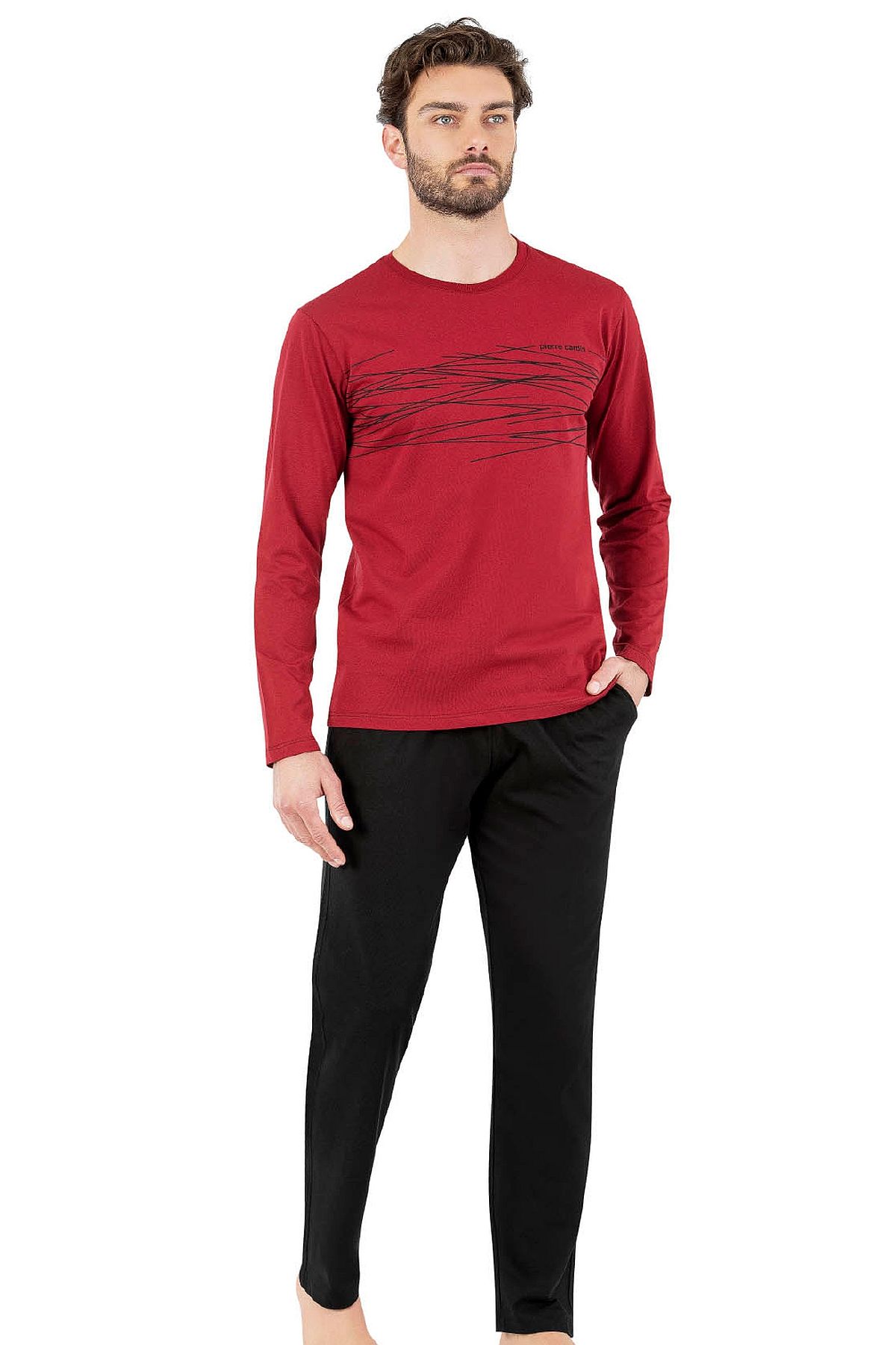 Pierre Cardin 6061 Erkek Uzun Kollu Bisiklet Yaka Pijama Takımı-Bordo