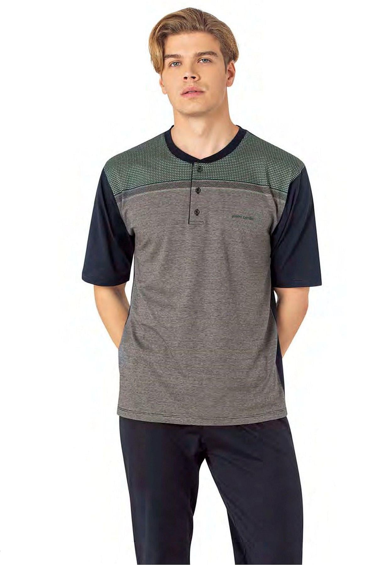 Pierre Cardin 6090 Erkek Kısa Kollu 3lü Jakarlı Pijama Takımı-Yeşil
