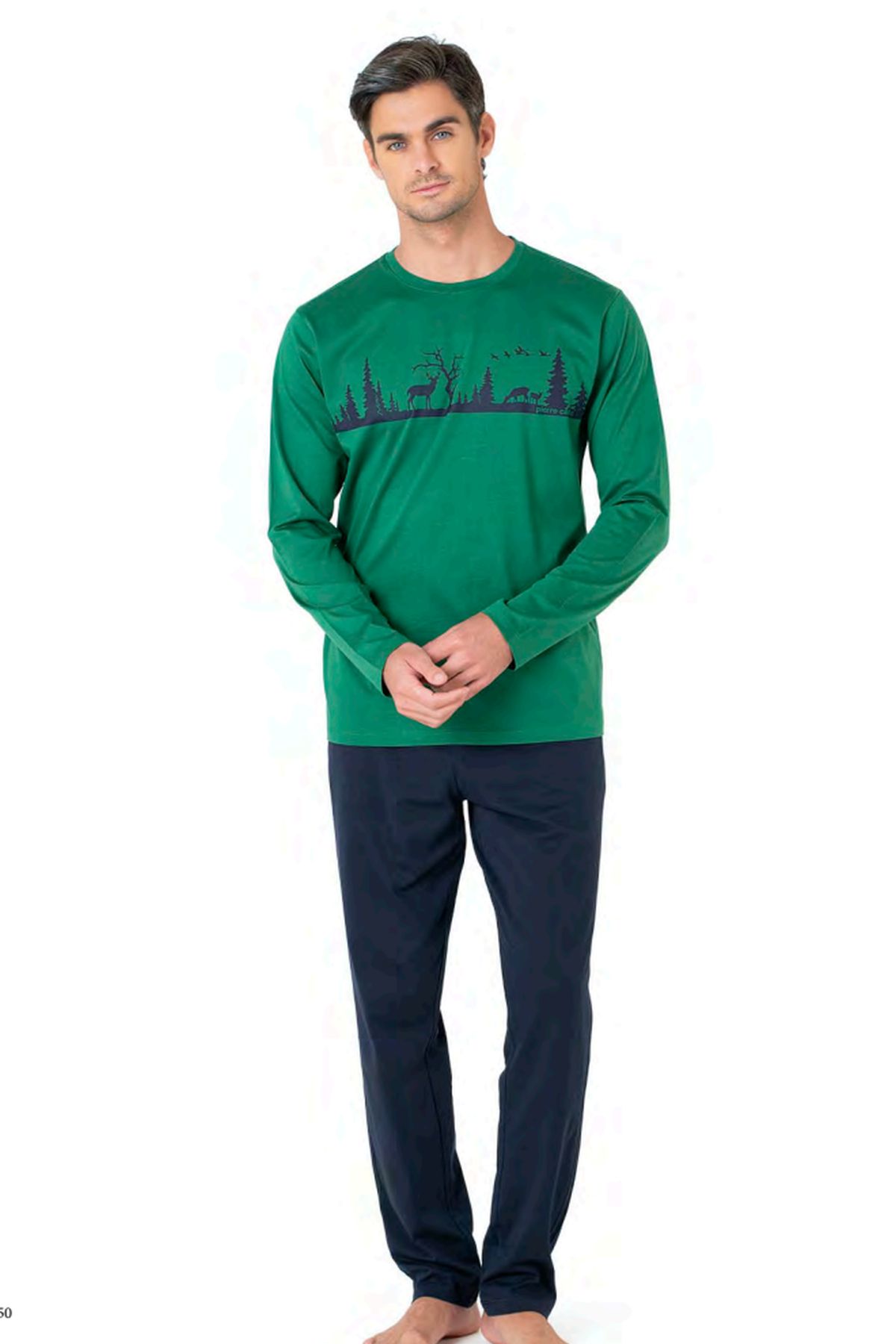 Pierre Cardin 6104 Erkek Uzun Kollu Bisiklet Yaka Pijama Takımı-Yeşil