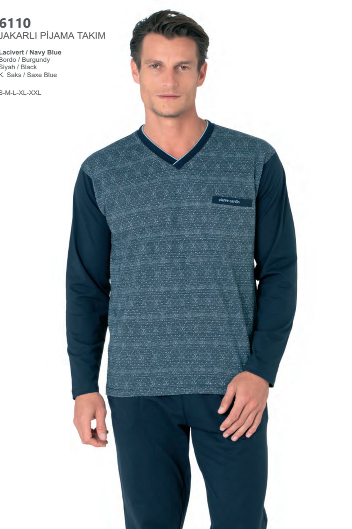 Pierre Cardin 6110 Erkek Kuzun Kollu V Yaka Pijama Takımı-Lacivert