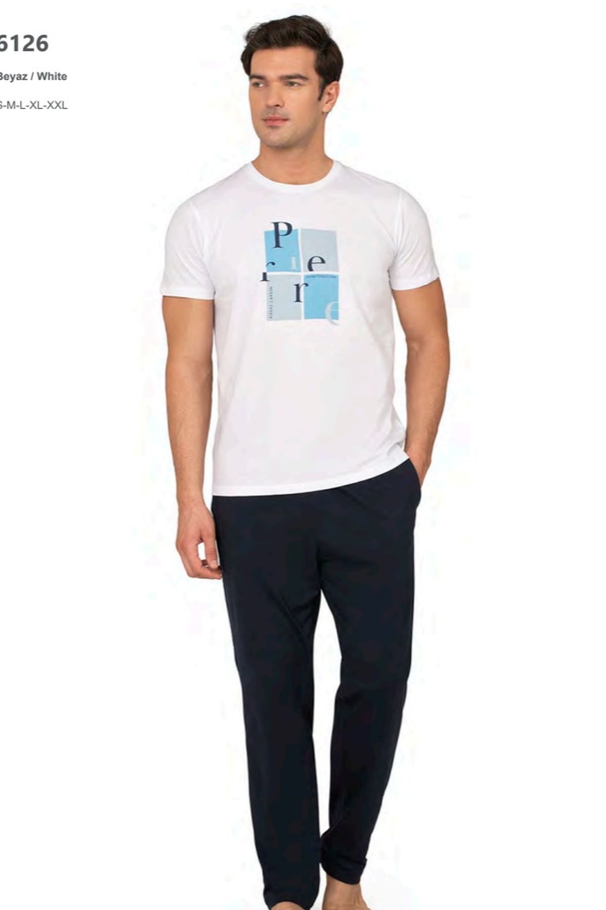 Pierre Cardin 6126 Erkek Kısa Kollu Bisiklet Yaka Pijama Takımı-Beyaz