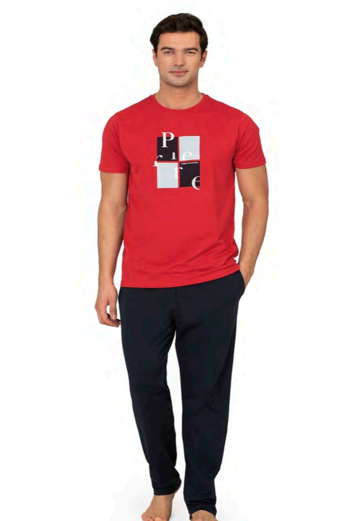 Pierre Cardin 6126 Erkek Kısa Kollu Bisiklet Yaka Pijama Takımı-Kırmızı