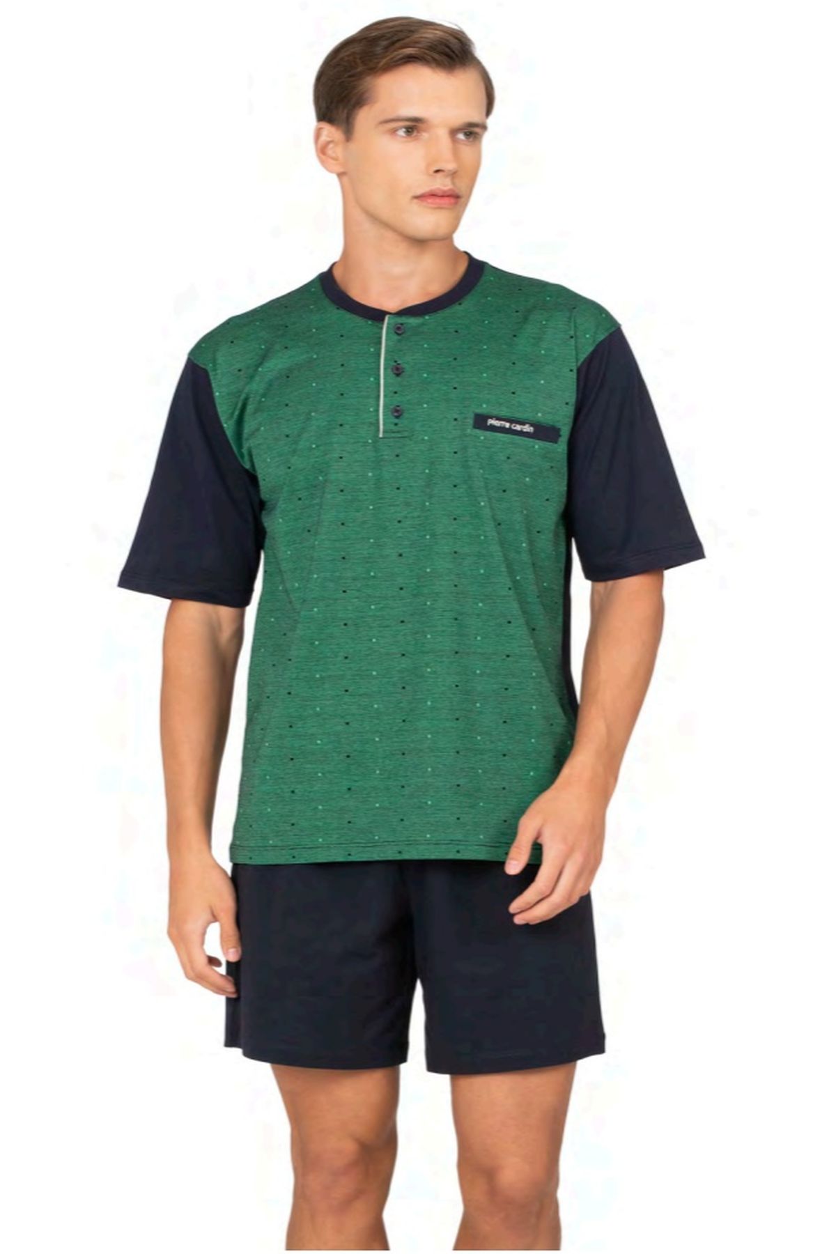 Pierre Cardin 6132 Erkek Kısa Kollu Yakası Düğmeli 3lü Pijama Takımı-Yeşil