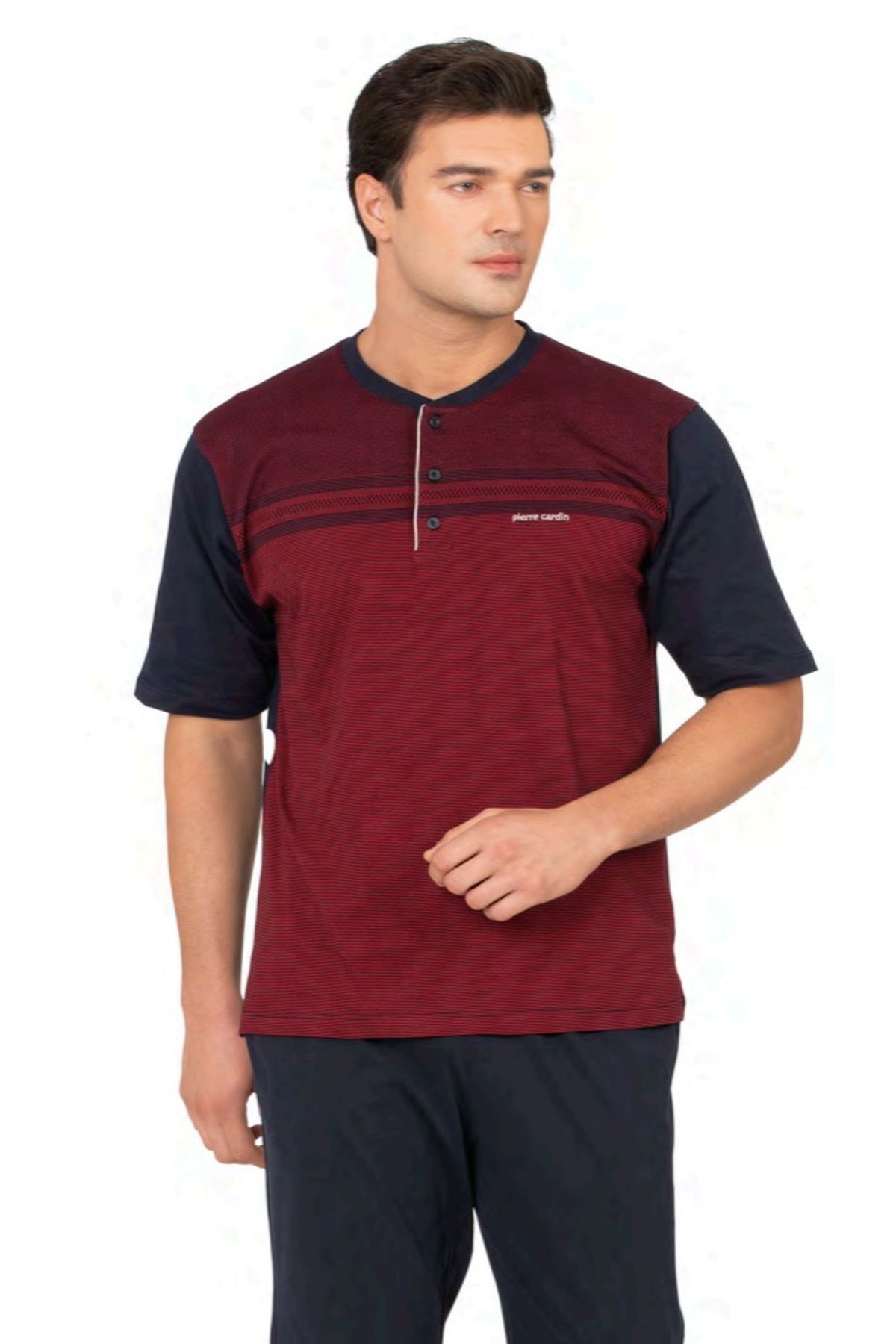 Pierre Cardin 6133 Erkek Kısa Kollu Yakası Düğmeli 3lü Jakarlı Pijama Takımı-Bordo