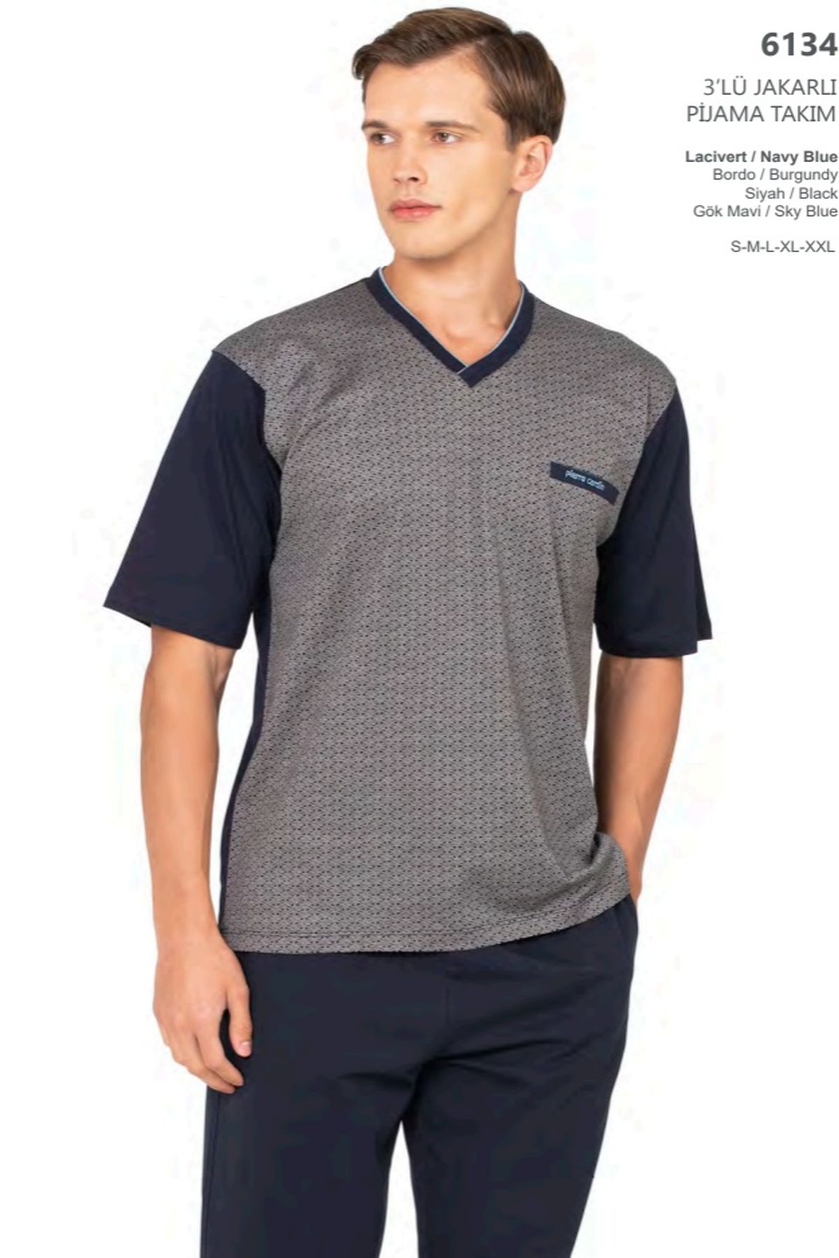 Pierre Cardin 6134 Erkek Kısa Kollu V Yaka 3lü Jakarlı Pijama Takımı-Lacivert