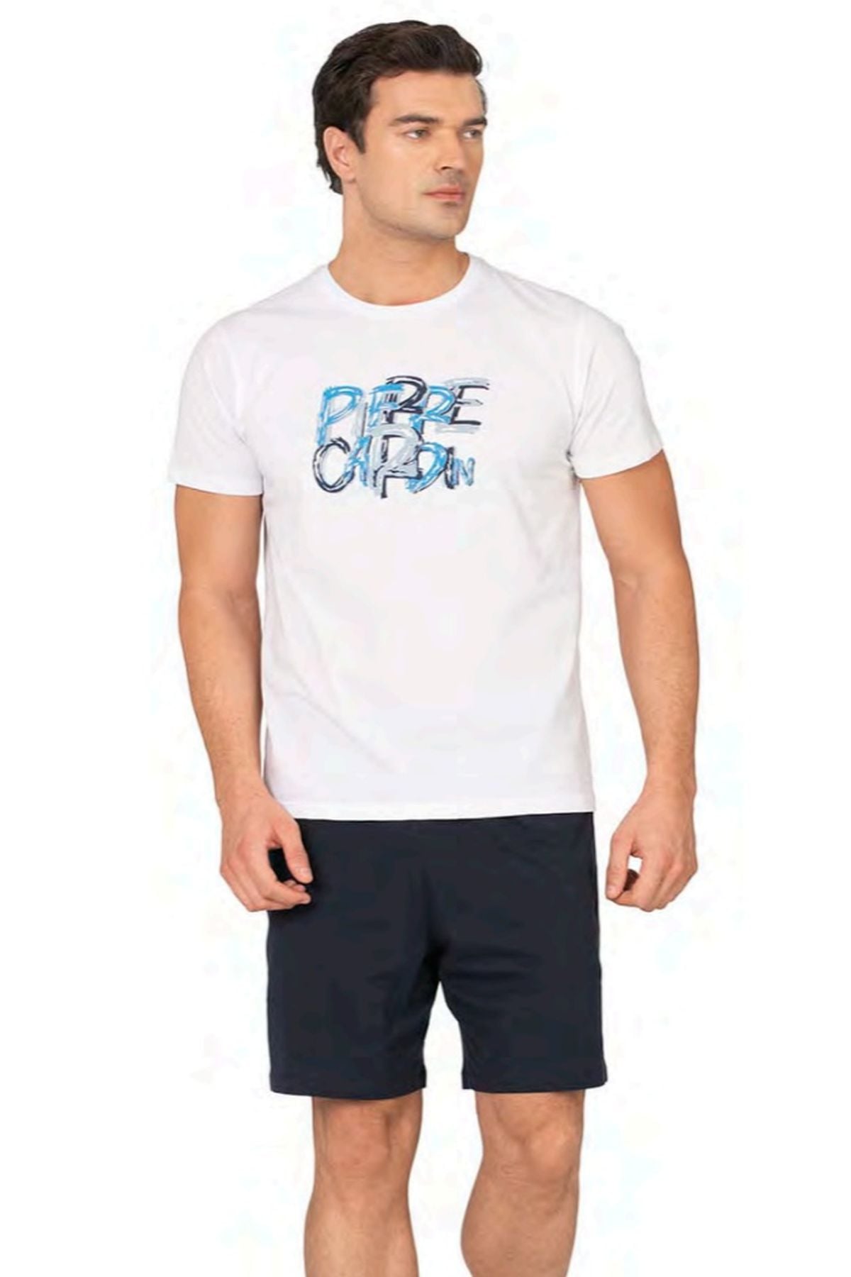 Pierre Cardin 6136 Erkek Kısa Kollu Bisiklet Yaka Şortlu Pijama Takımı-Beyaz