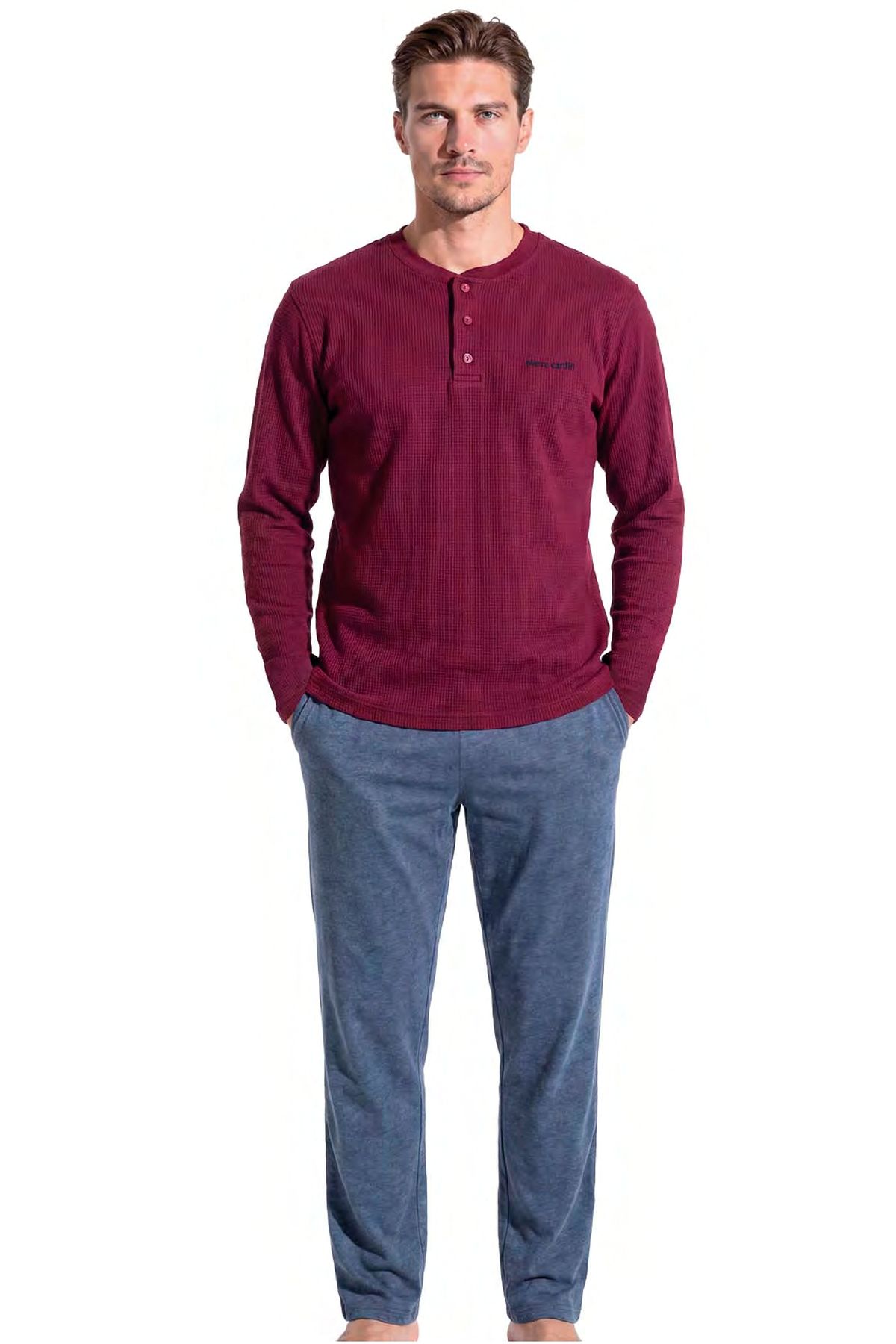 Pierre Cardin 6144 Erkek Uzun kollu Yakası Düğmeli Pijama Takımı-Bordo
