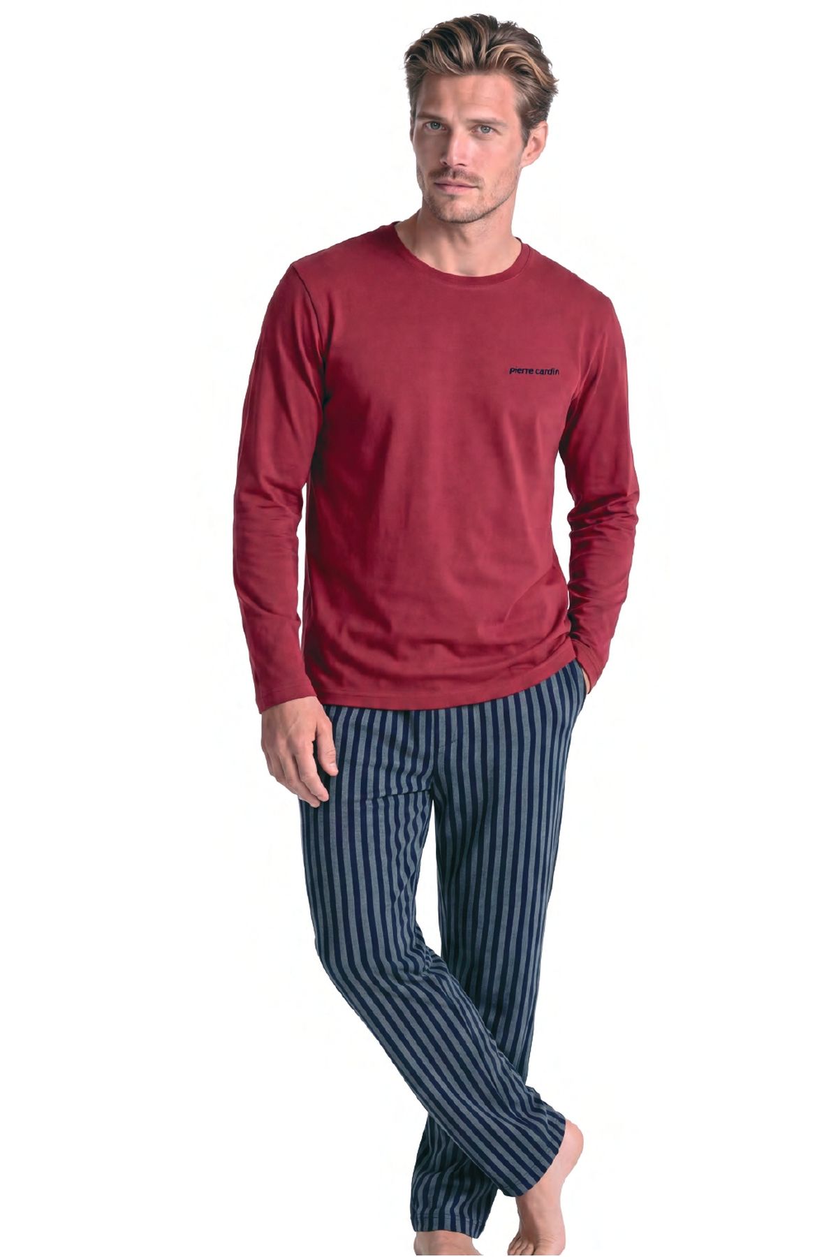 Pierre Cardin 6147 Erkek Uzun Kollu Bisiklet Yaka Pijama Takımı -Bordo