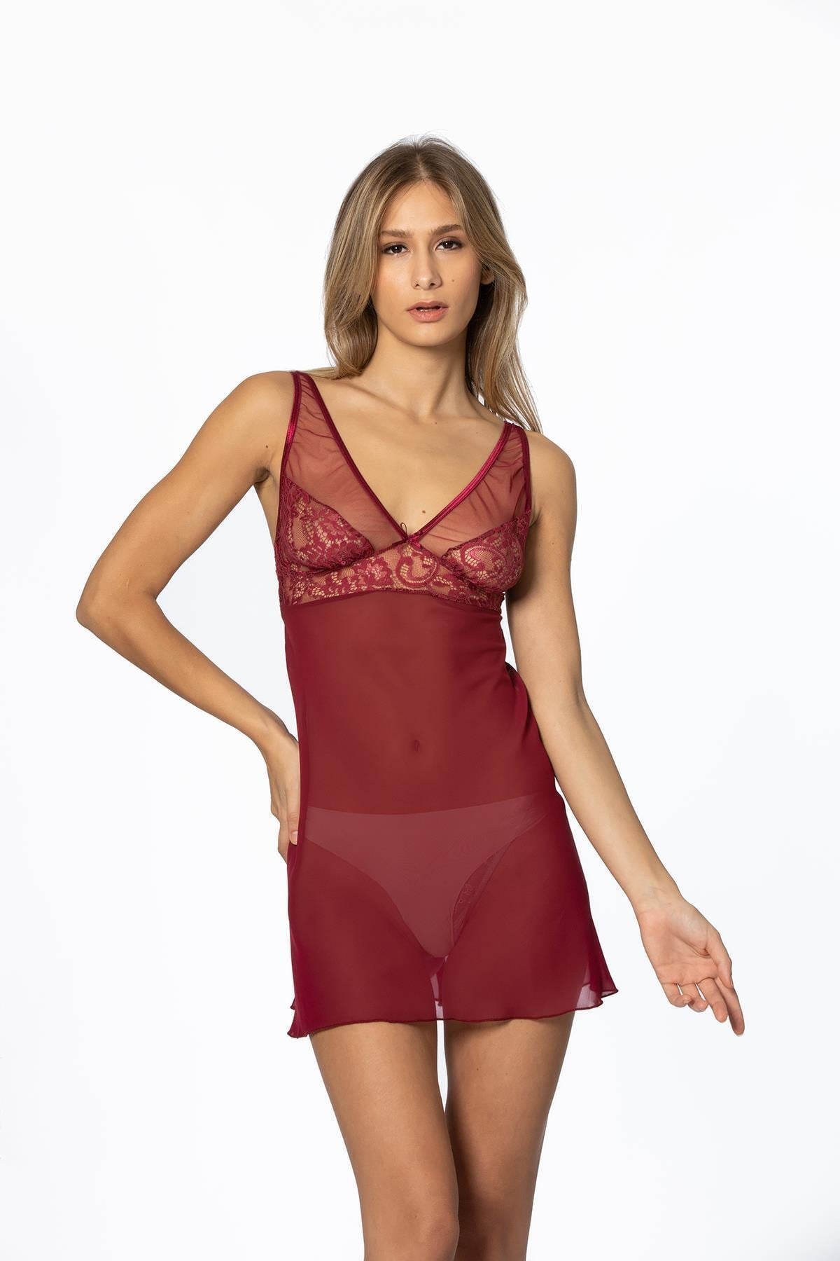 Pierre Cardin 629 Kadın Şifon Dantelli Gecelik - Bordo