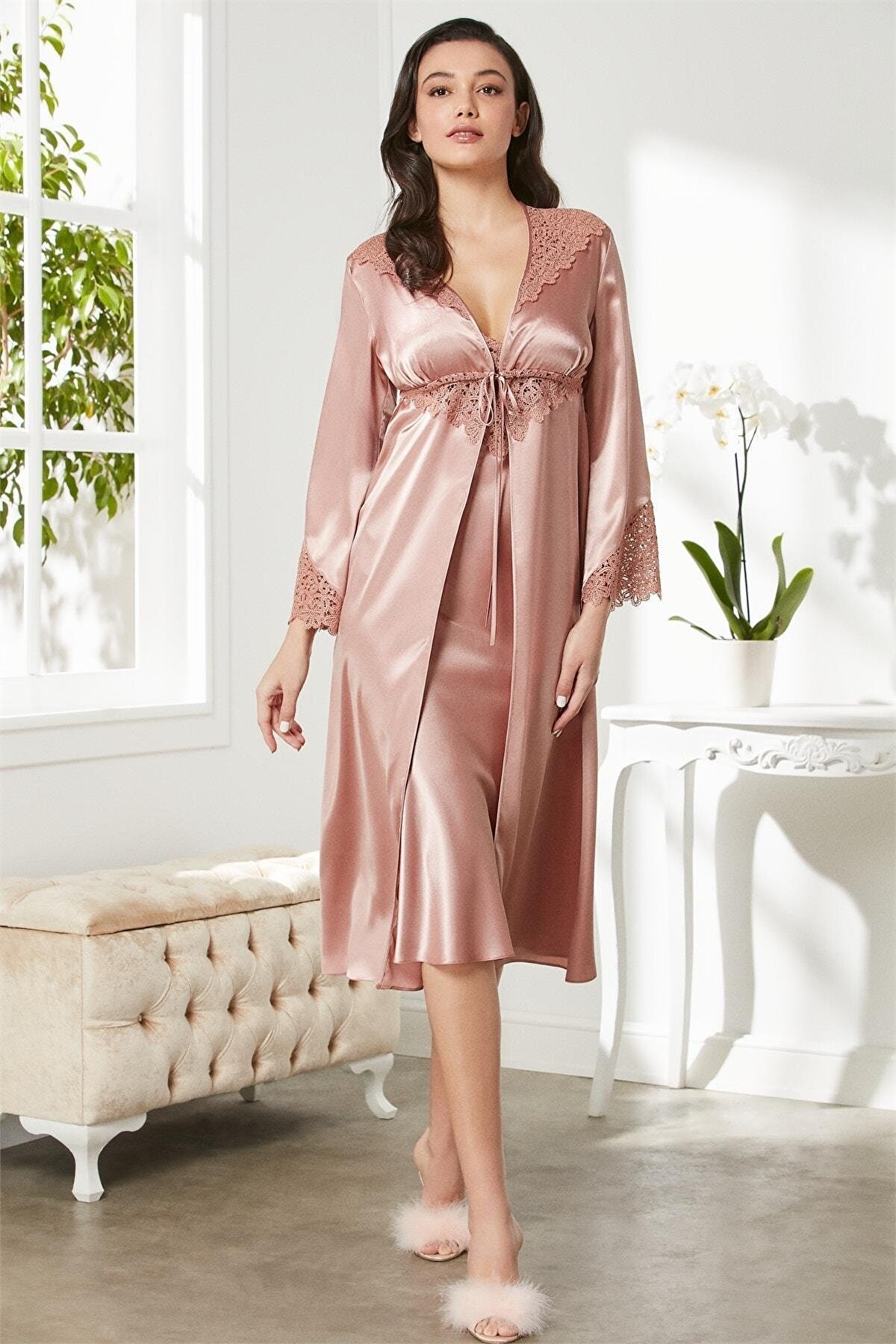 Pierre Cardin 6700 Kadın Saten Dantelli 6lı ÇeyizlikTakım-Brandy