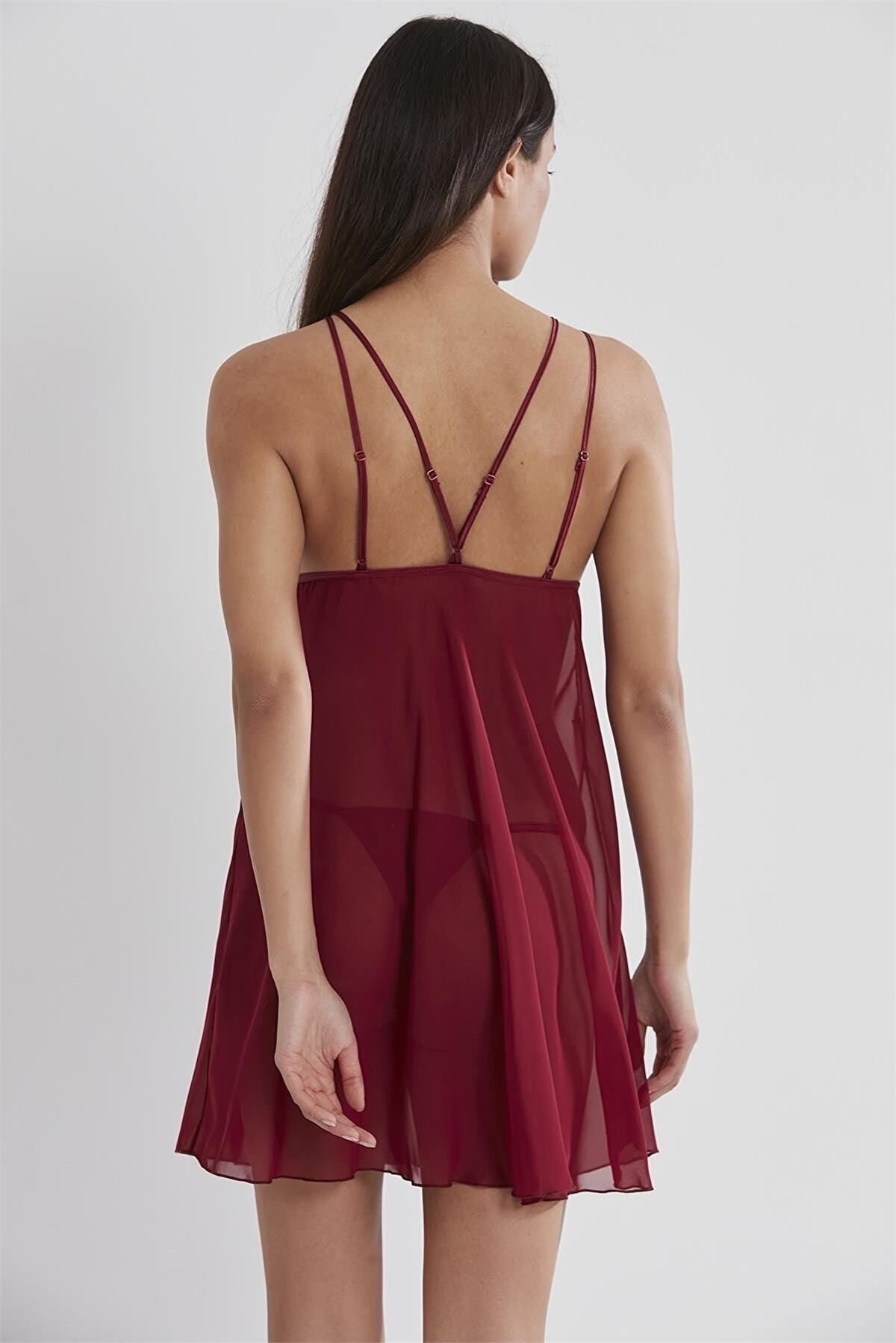 Pierre Cardin 675 Kadın İp Askılı Şifon Gecelik-Bordo