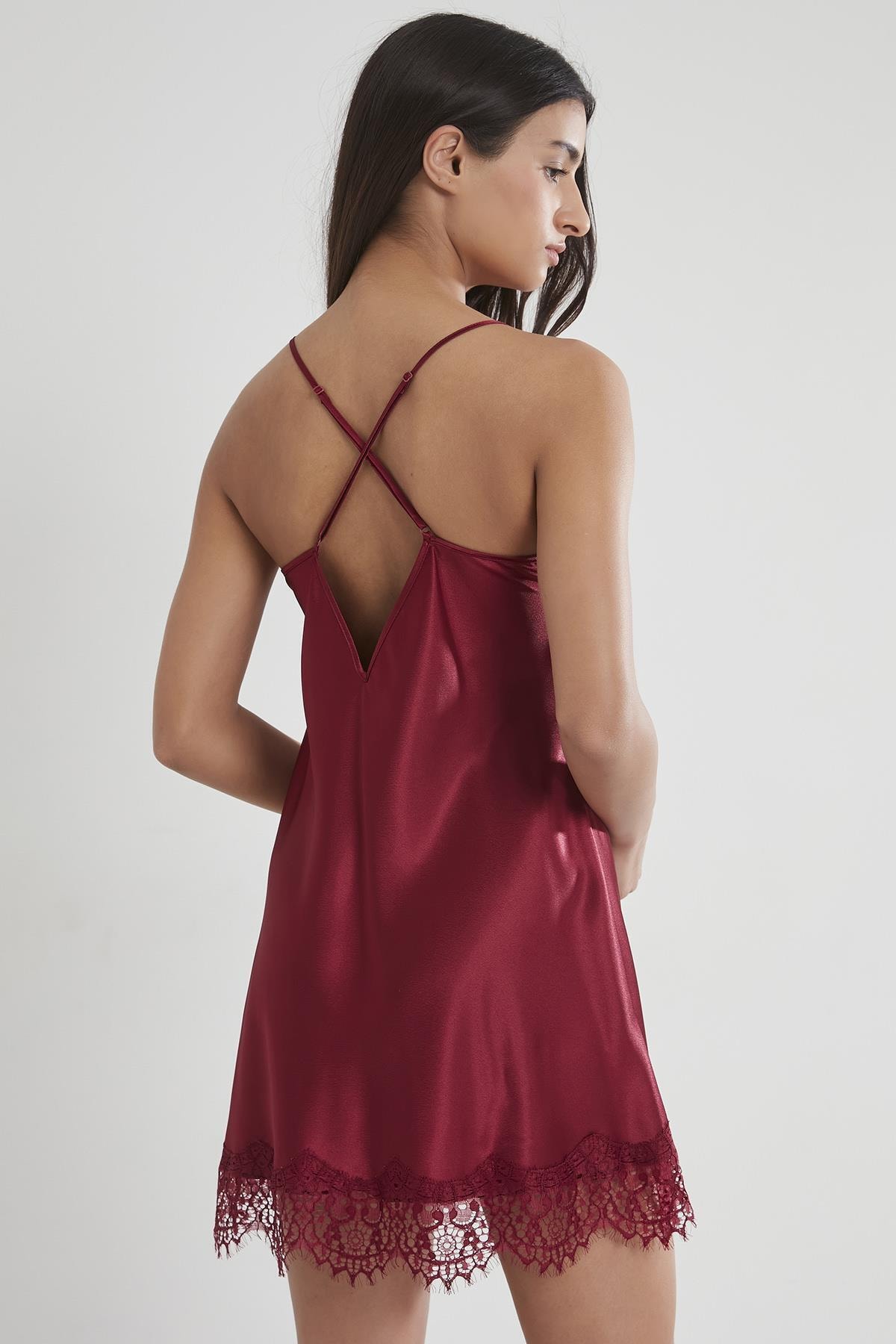 Pierre Cardin 685 Kadın Saten Dantelli Gecelik - Bordo