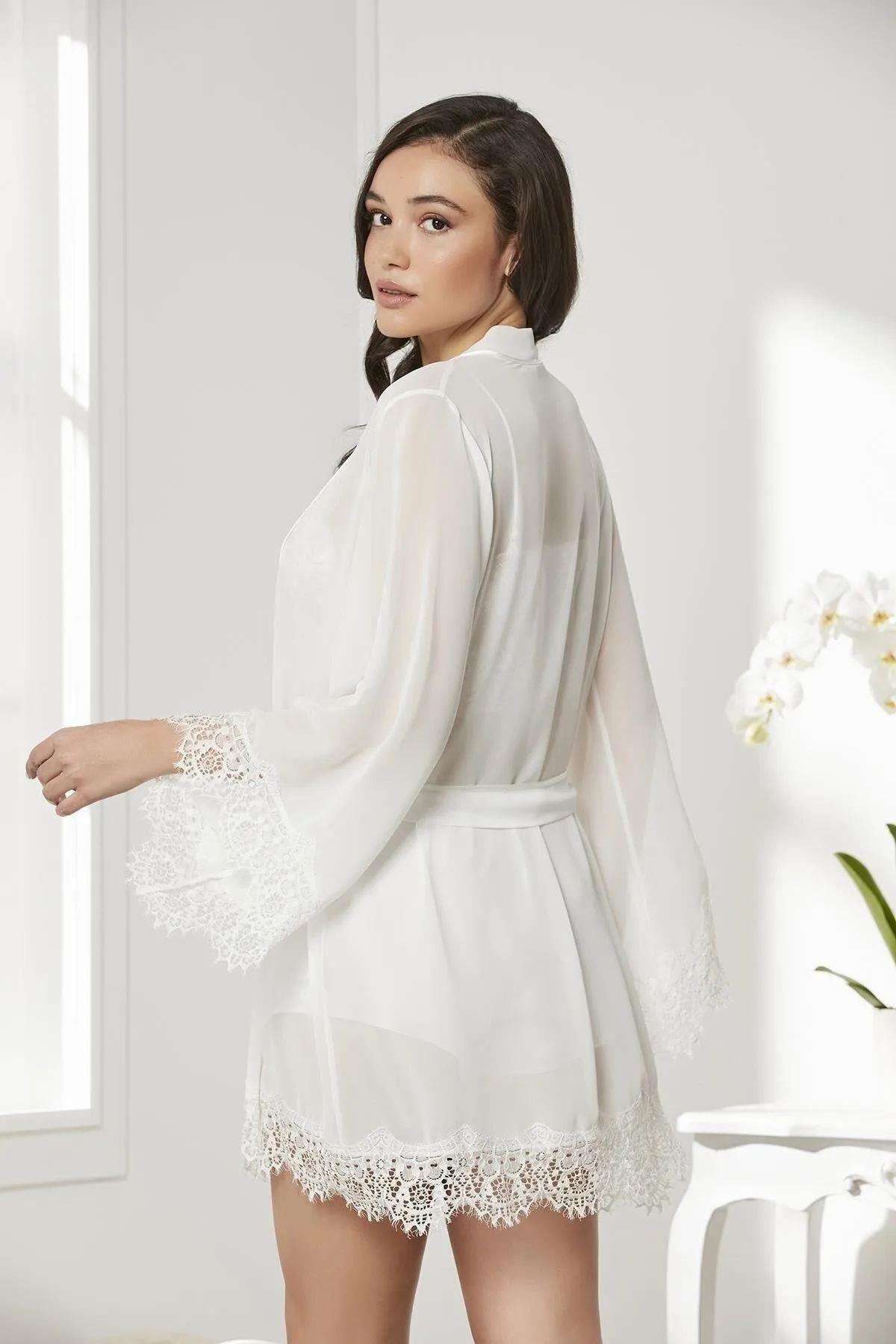 Pierre Cardin 7005+GC225 Çeyizlik Terlikli Şifon Dantelli Saten 4lü Set  -Ekru