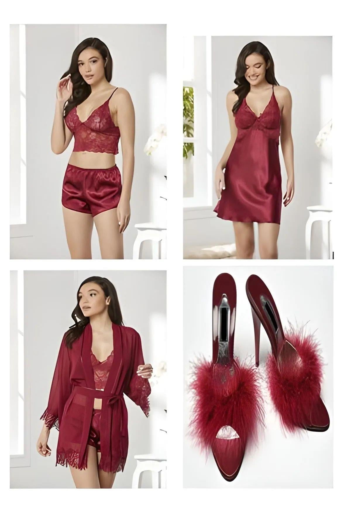 Pierre Cardin 7005+GC225 Çeyizlik Terlikli Şifon Dantelli Saten 4lü Set  -Bordo