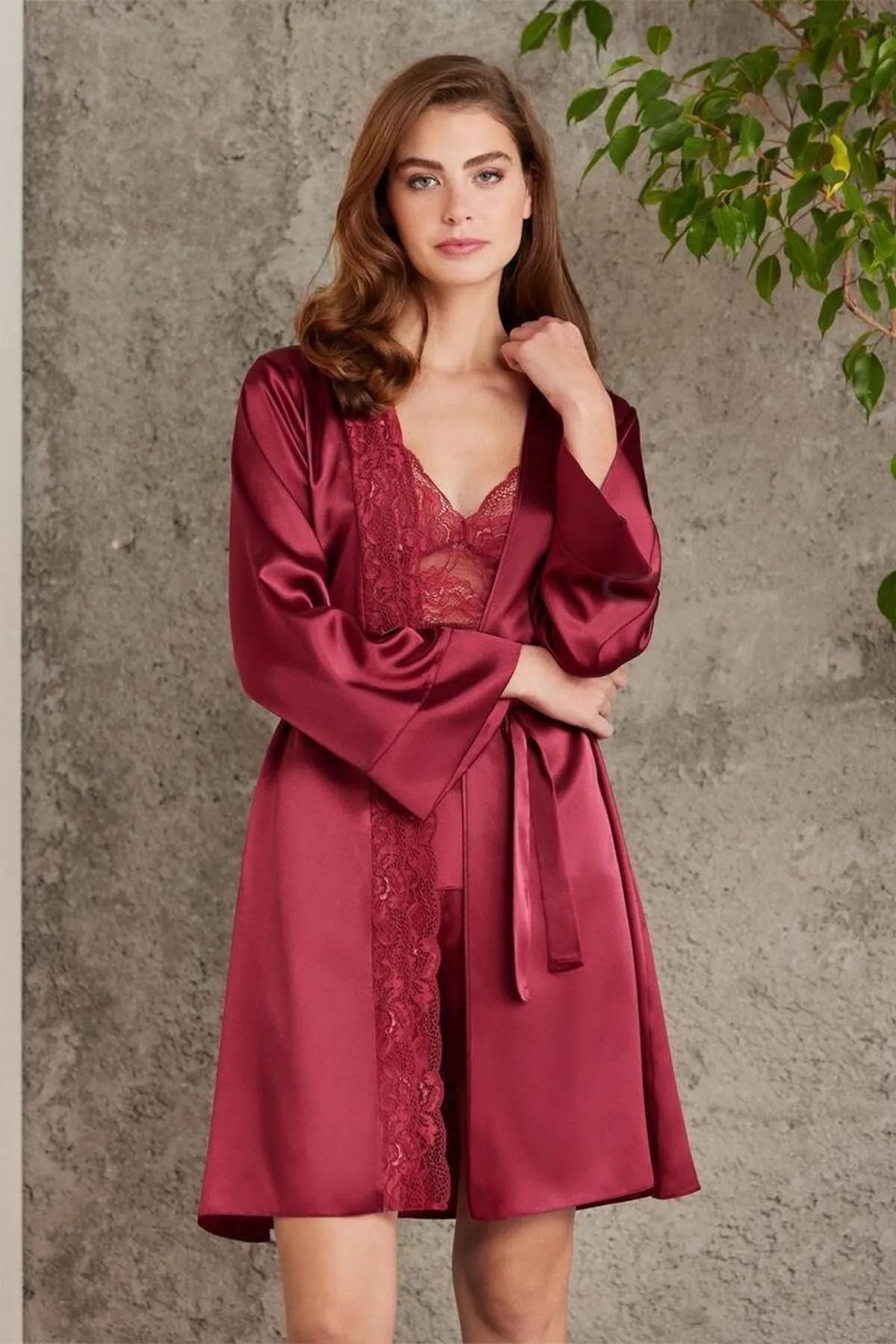 Pierre Cardin 7015 Kadın Dantelli Saten 4lü Set-Bordo