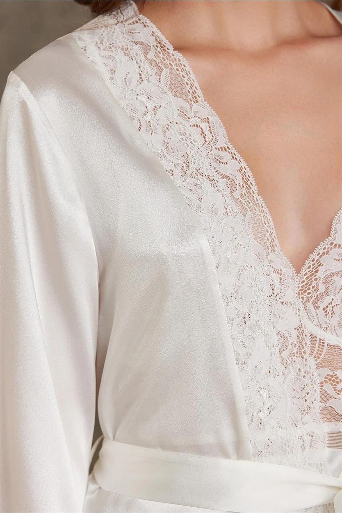 Pierre Cardin 7015 Kadın Dantelli Saten 4lü Set-Ekru