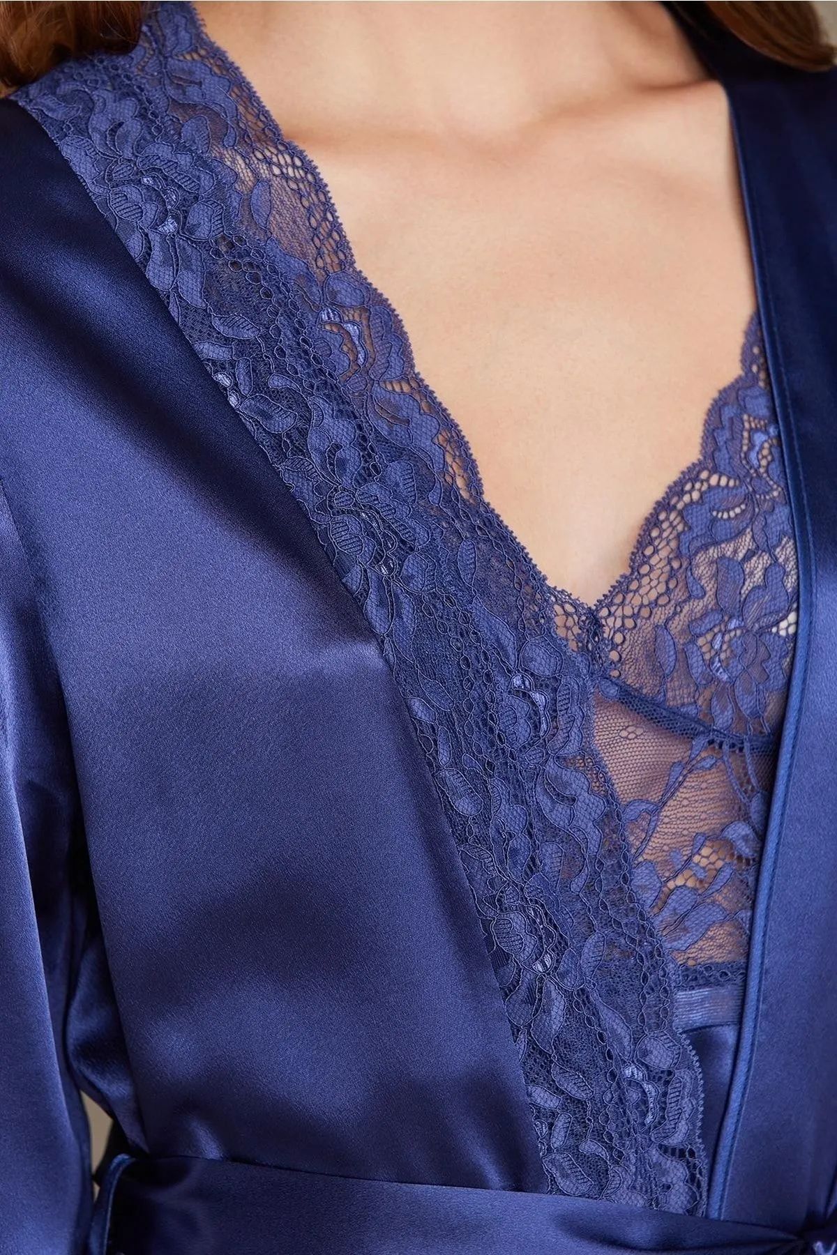 Pierre Cardin 7015 Kadın Dantelli Saten 4lü Set-Lacivert