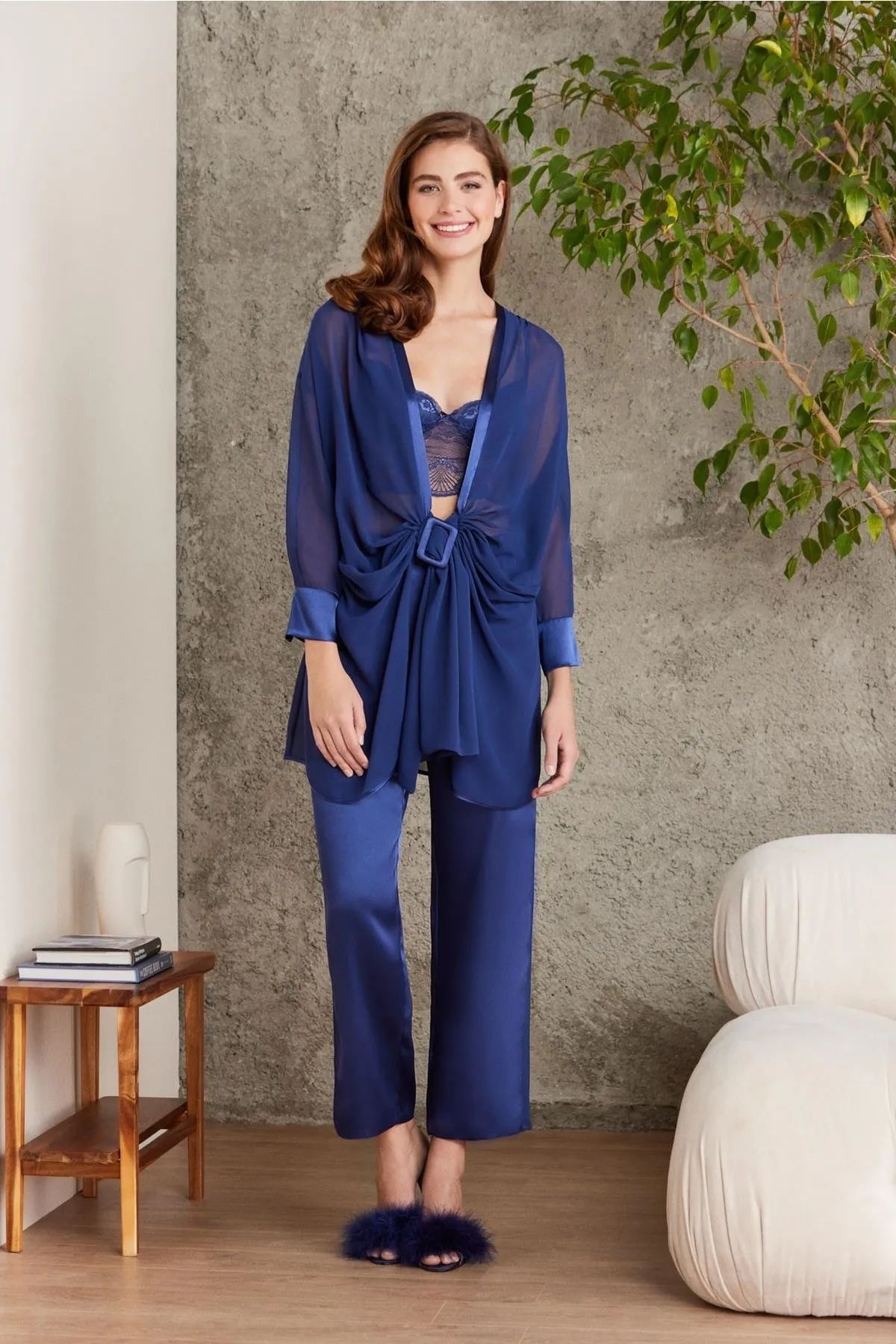 Pierre Cardin 7025 Kadın Çeyizlik Dantelli Saten 4lü Set-Lacivert