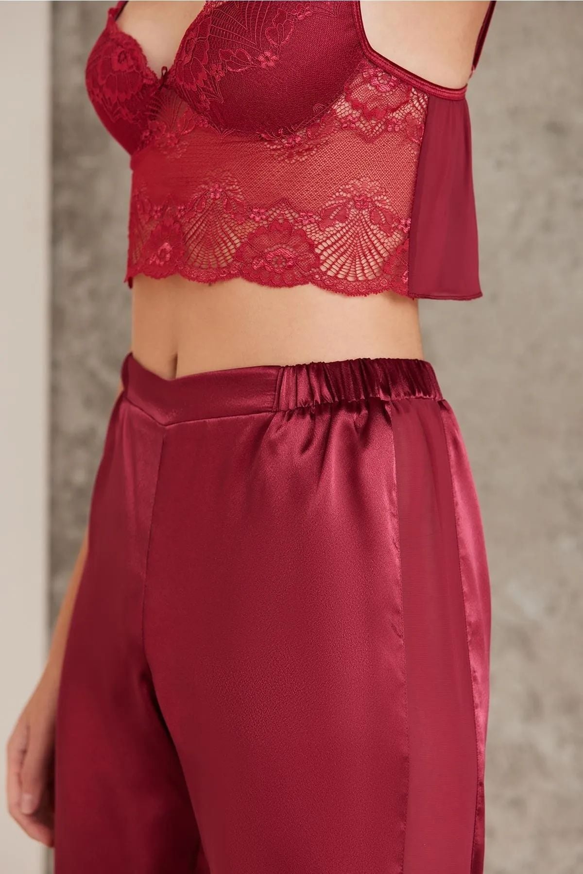 Pierre Cardin 7025 Kadın Çeyizlik Dantelli Saten 4lü Set-Bordo