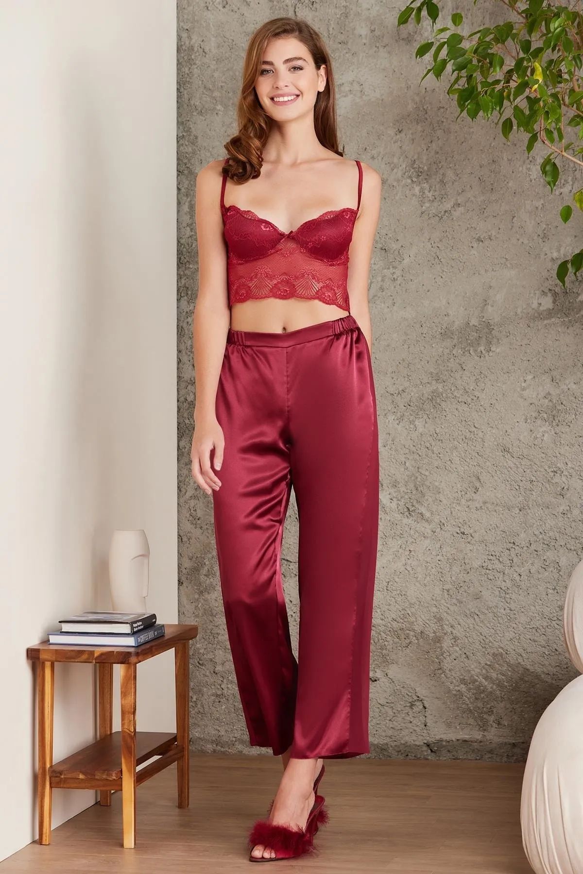 Pierre Cardin 7025 Kadın Çeyizlik Dantelli Saten 4lü Set-Bordo