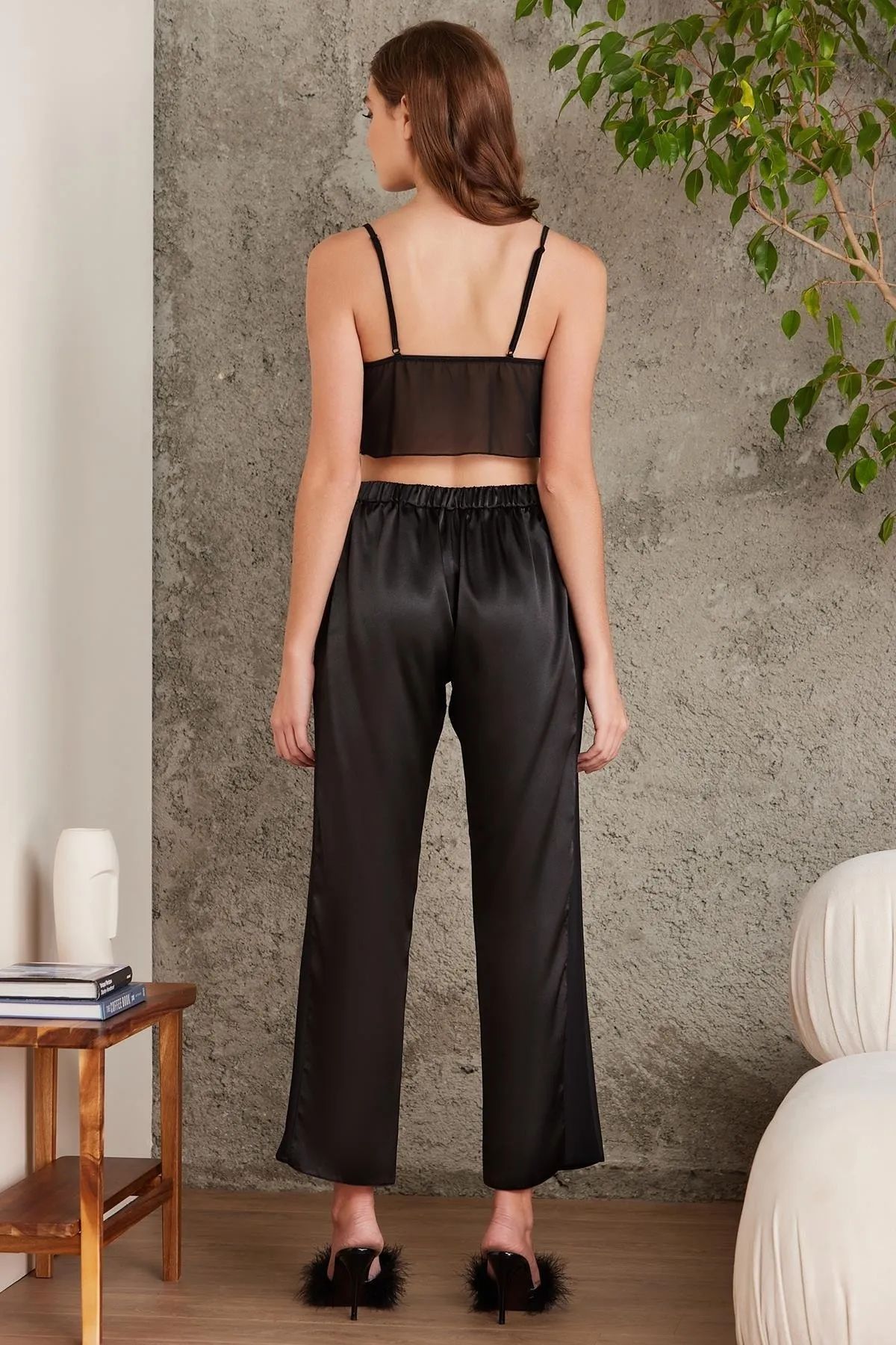 Pierre Cardin 7025 Kadın Çeyizlik Dantelli Saten 4lü Set-Siyah