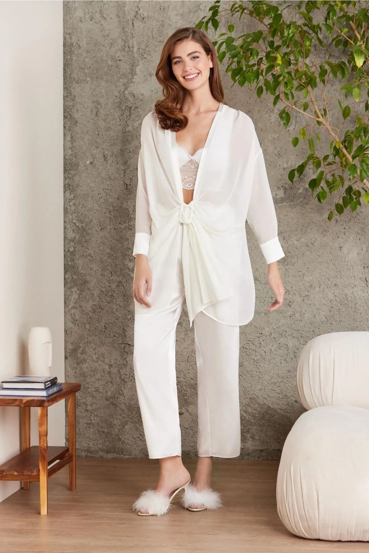 Pierre Cardin 7025 Kadın Çeyizlik Dantelli Saten 4lü Set-Ekru