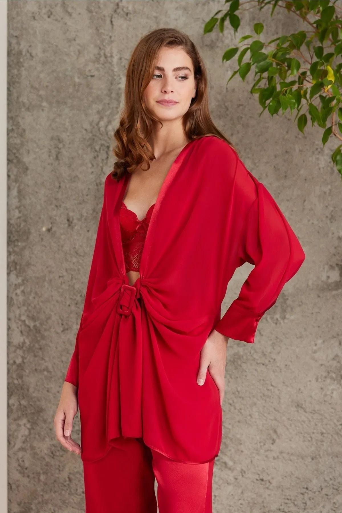 Pierre Cardin 7025 Kadın Çeyizlik Dantelli Saten 4lü Set-Kırmızı