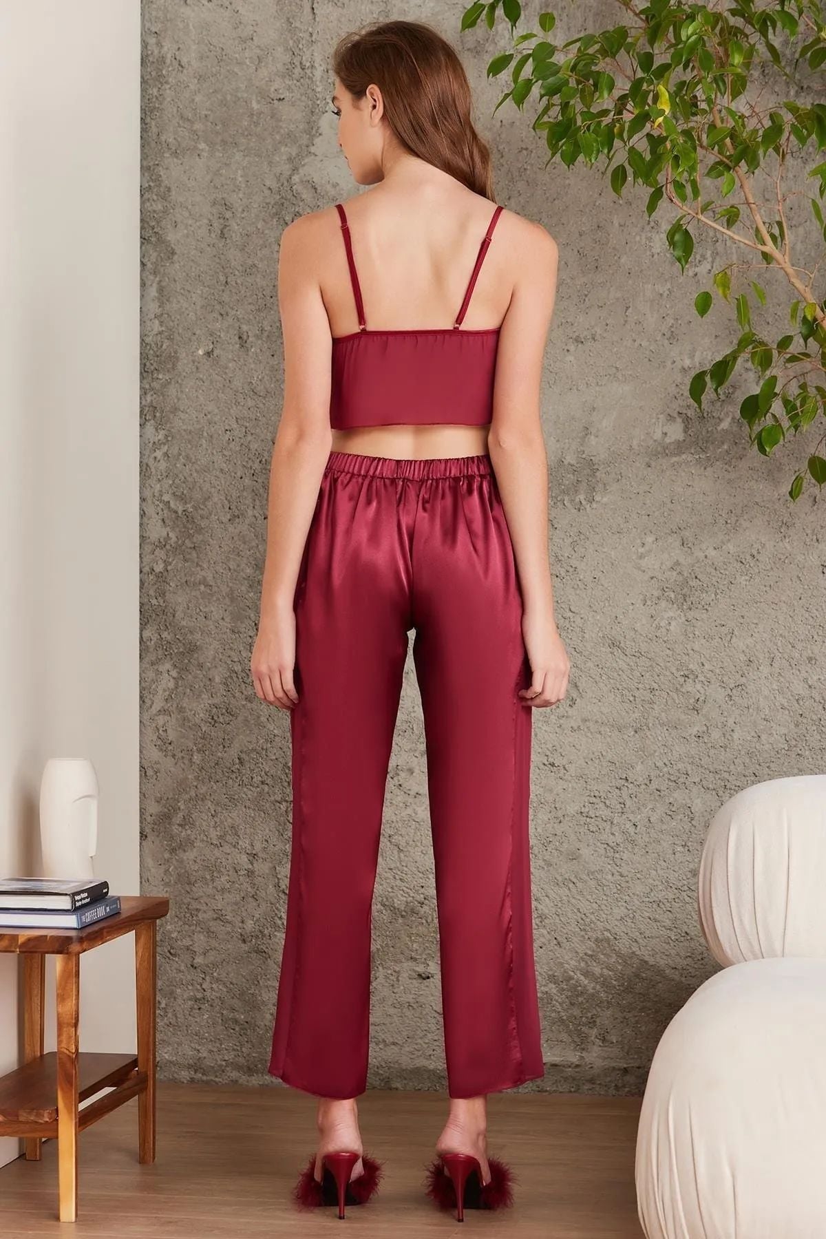 Pierre Cardin 7025 Kadın Çeyizlik Dantelli Saten 4lü Set-Bordo