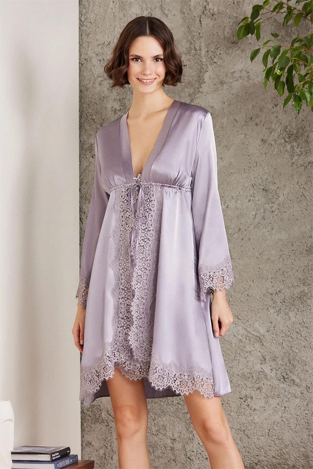 Pierre Cardin 7045 Kadın Dantelli Saten 4lü Set-Royal