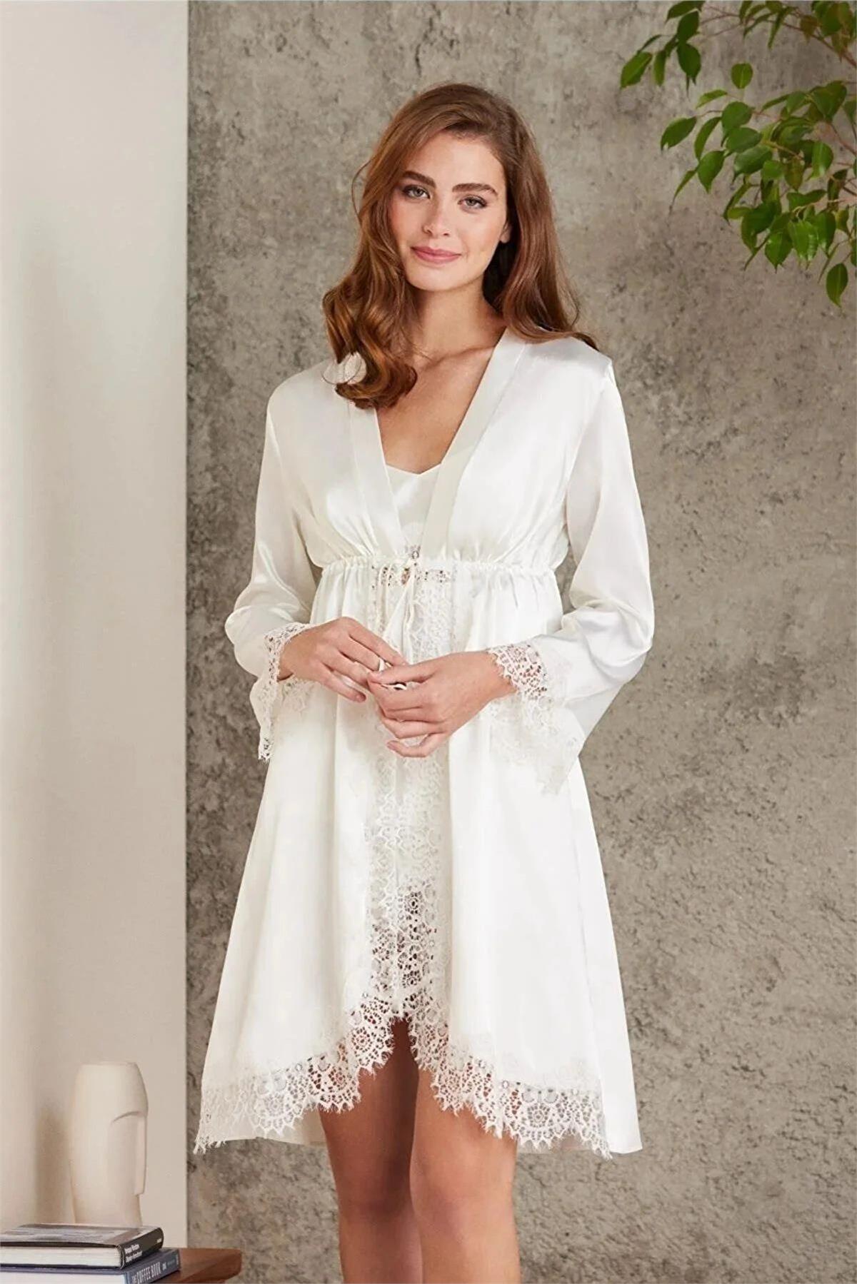 Pierre Cardin 7045 Kadın Dantelli Saten 4lü Set-Ekru